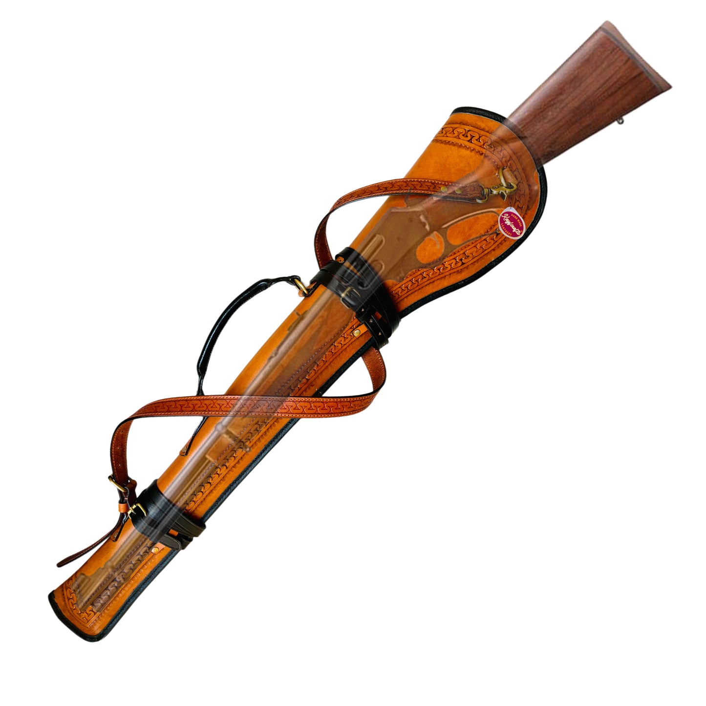 Full Grain Leather Rifle Scabbard with Fur Lining & Tooled Design Adjustable Shoulder Strap & Saddle Mounting Straps Antique Components Rounded Leather handle 33" Long Rifle cover carrying case