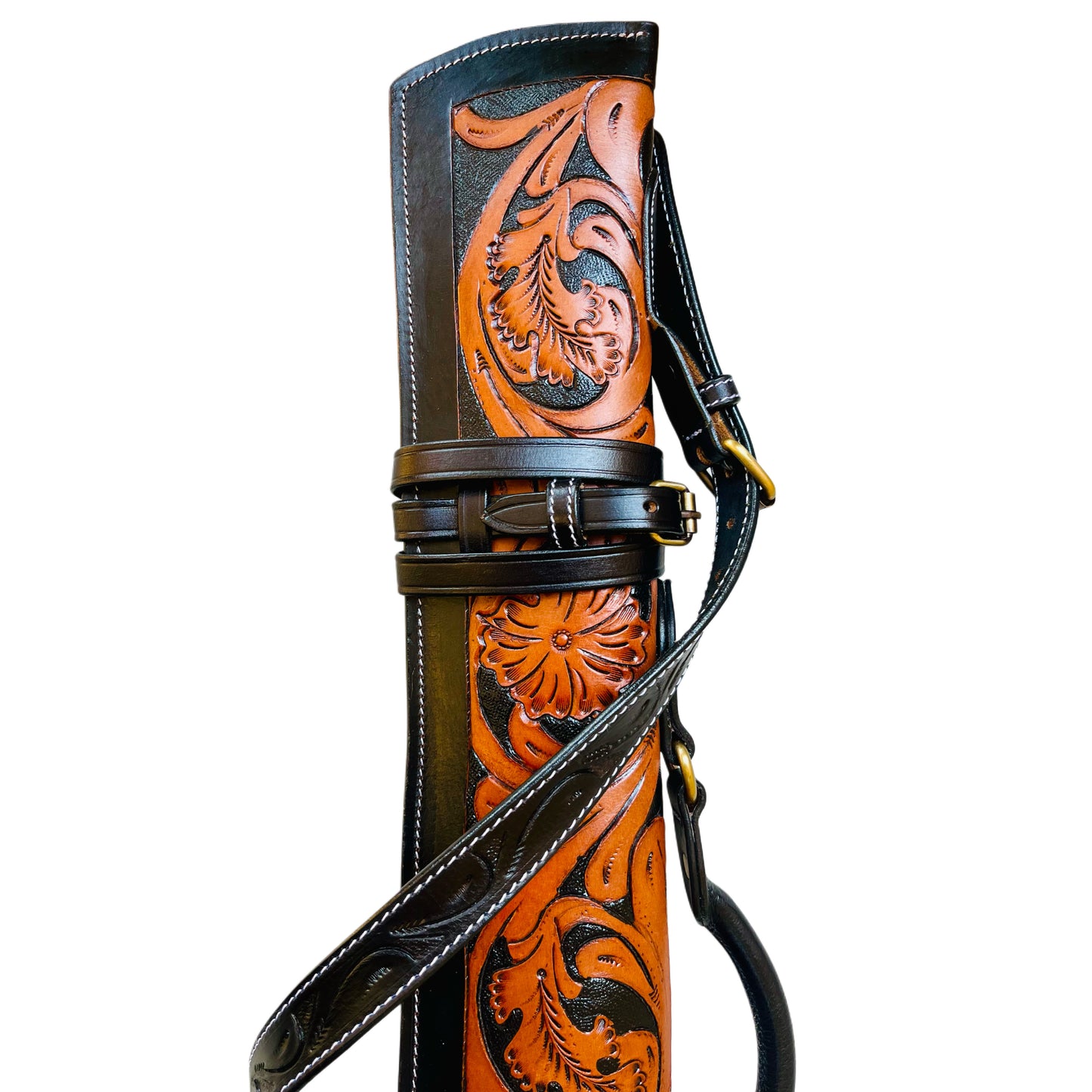 Dual Tone Black Tan Leather Rifle Scabbard 33" Western Gun Case with Hand Carved Floral Tooling & Suede Interior