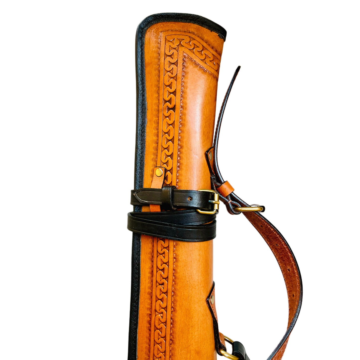 Full Grain Leather Rifle Scabbard with Fur Lining & Tooled Design Adjustable Shoulder Strap & Saddle Mounting Straps Antique Components Rounded Leather handle 33" Long Rifle cover carrying case