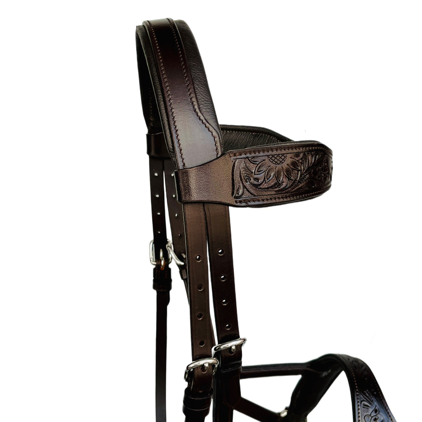 Hand Tooled Brown Leather Bitless Horse Bridle Side Pull with Carved Floral Design & Reins