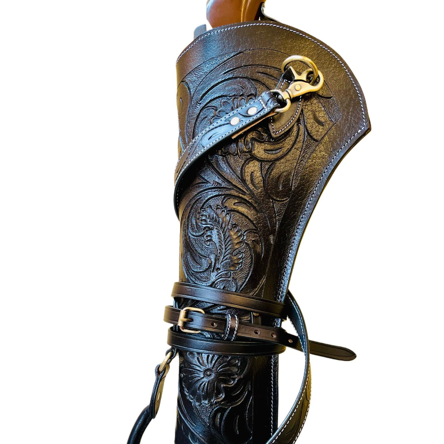 All Black Full Grain Leather Rifle Scabbard 33" Western Gun Case with Antique Brass Hardware & Suede Lining