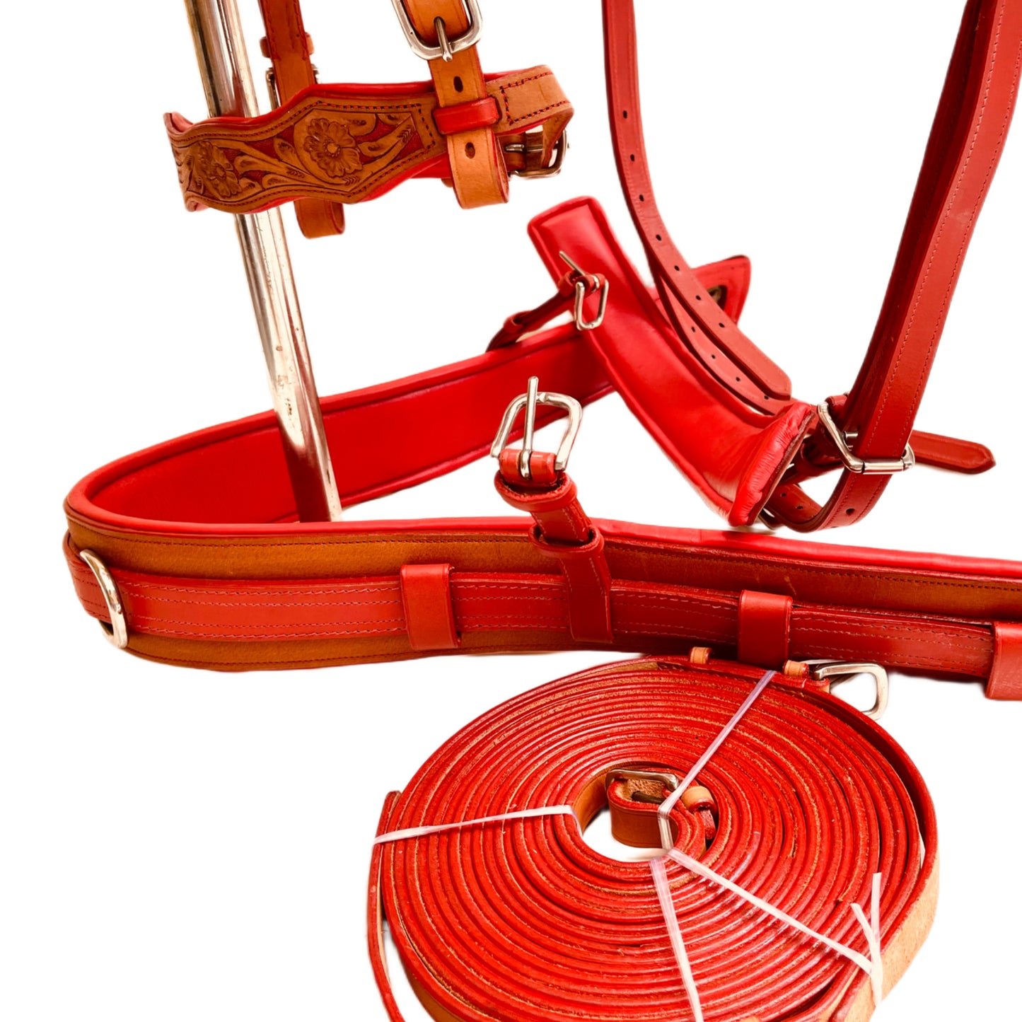 Dual Tone Red Leather Horse Driving Harness Complete Set