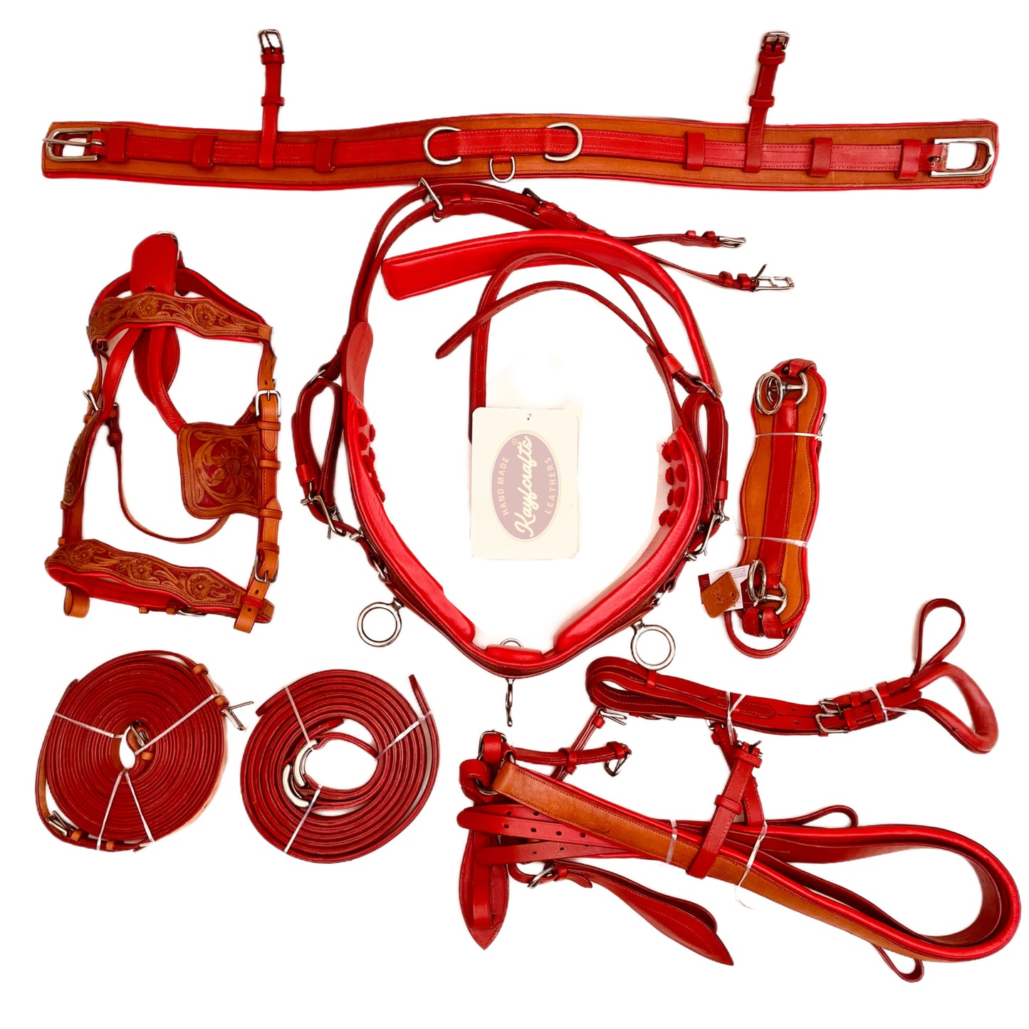 Dual Tone Red Leather Horse Driving Harness Complete Set