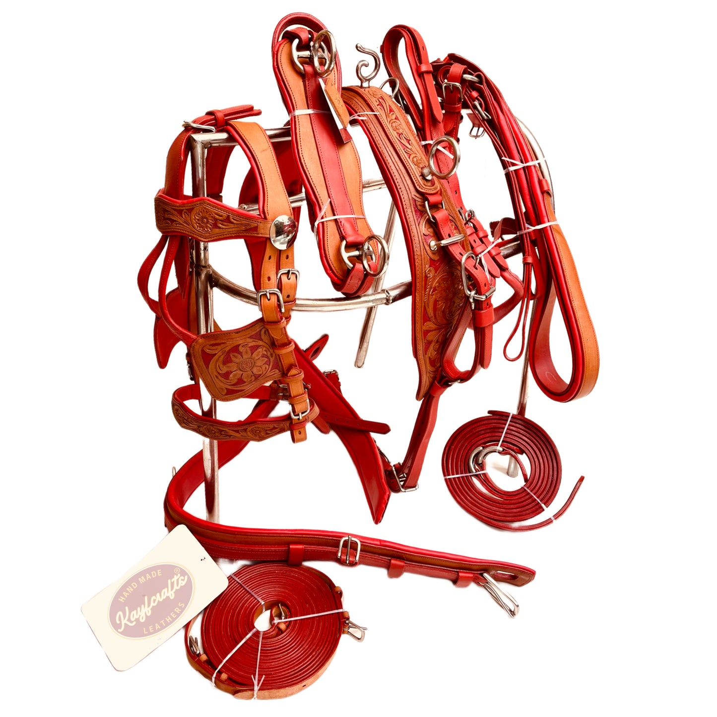 Dual Tone Red Leather Horse Driving Harness Complete Set