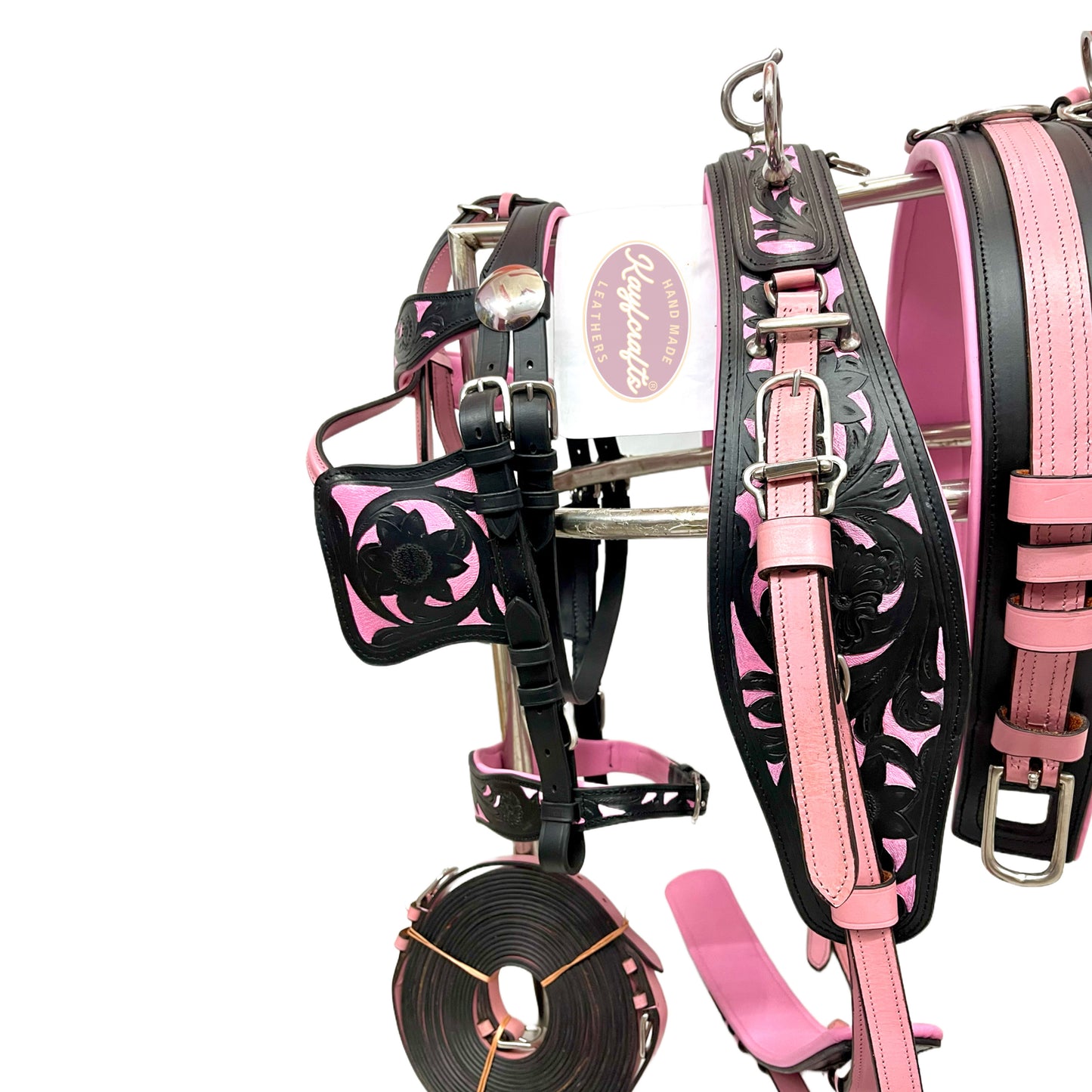 Black & Pink Leather Horse Driving Harness Complete set