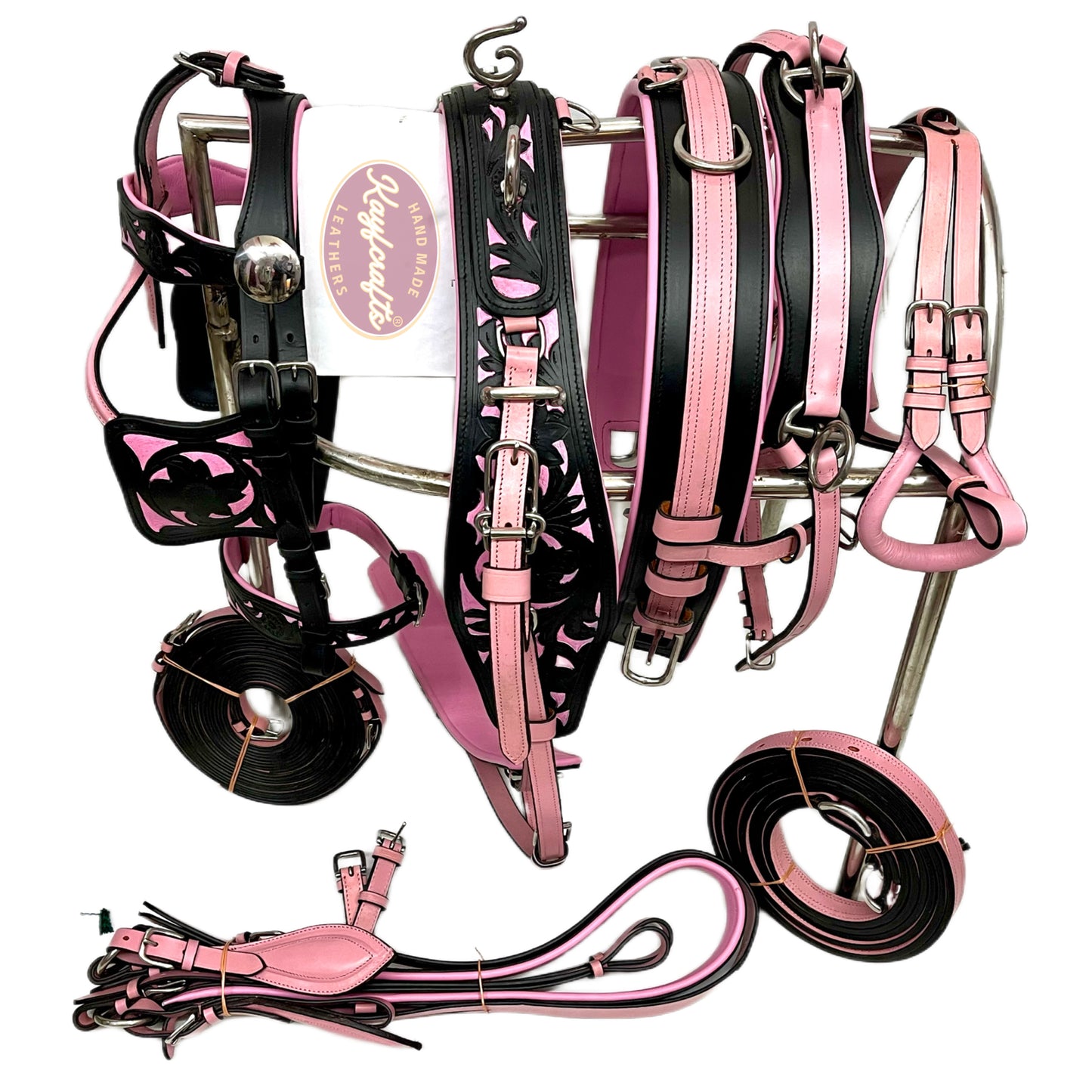 Black & Pink Leather Horse Driving Harness Complete set