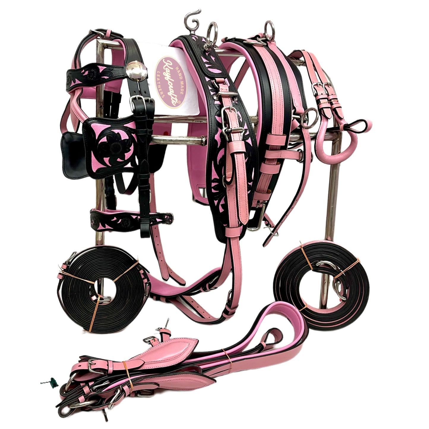 Black & Pink Leather Horse Driving Harness Complete set