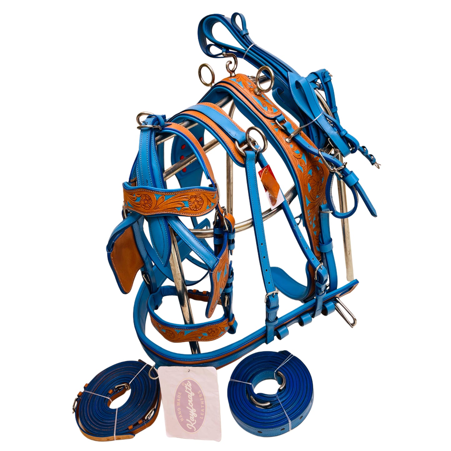 Turquoise Blue & Natural Leather Horse Driving Harness Set Complete with Hand-Tooled Design