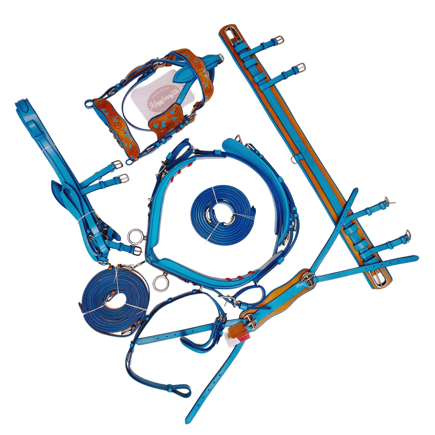 Turquoise Blue & Natural Leather Horse Driving Harness Set Complete with Hand-Tooled Design