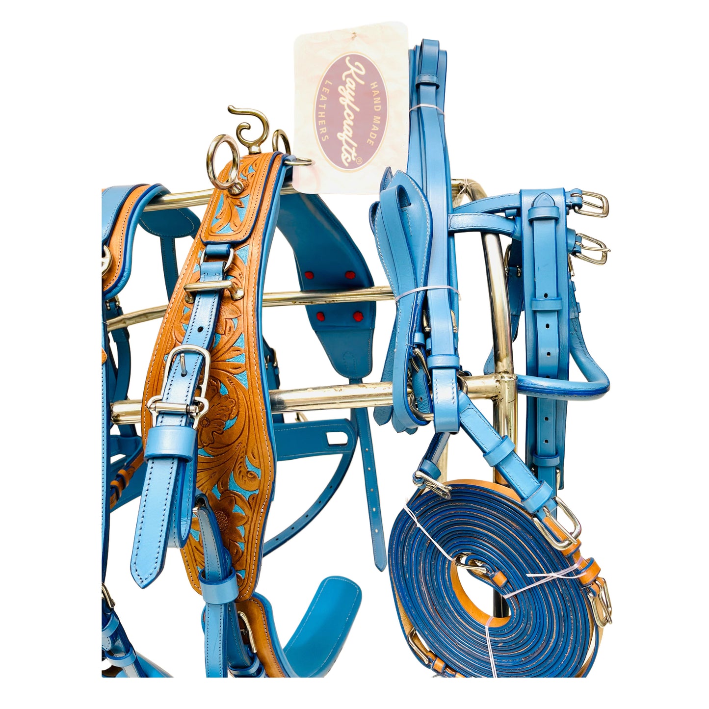 Turquoise Blue & Natural Leather Horse Driving Harness Set Complete with Hand-Tooled Design