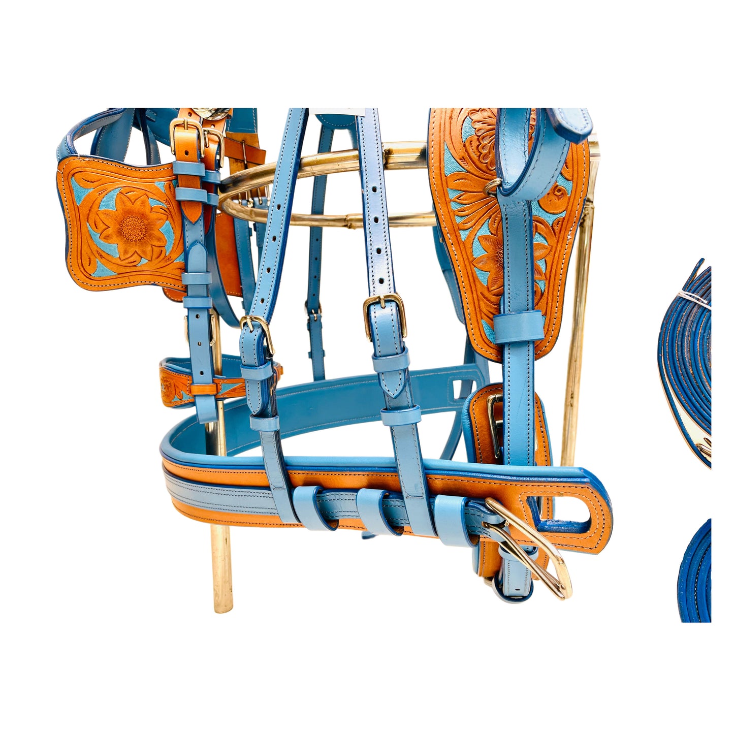 Turquoise Blue & Natural Leather Horse Driving Harness Set Complete with Hand-Tooled Design