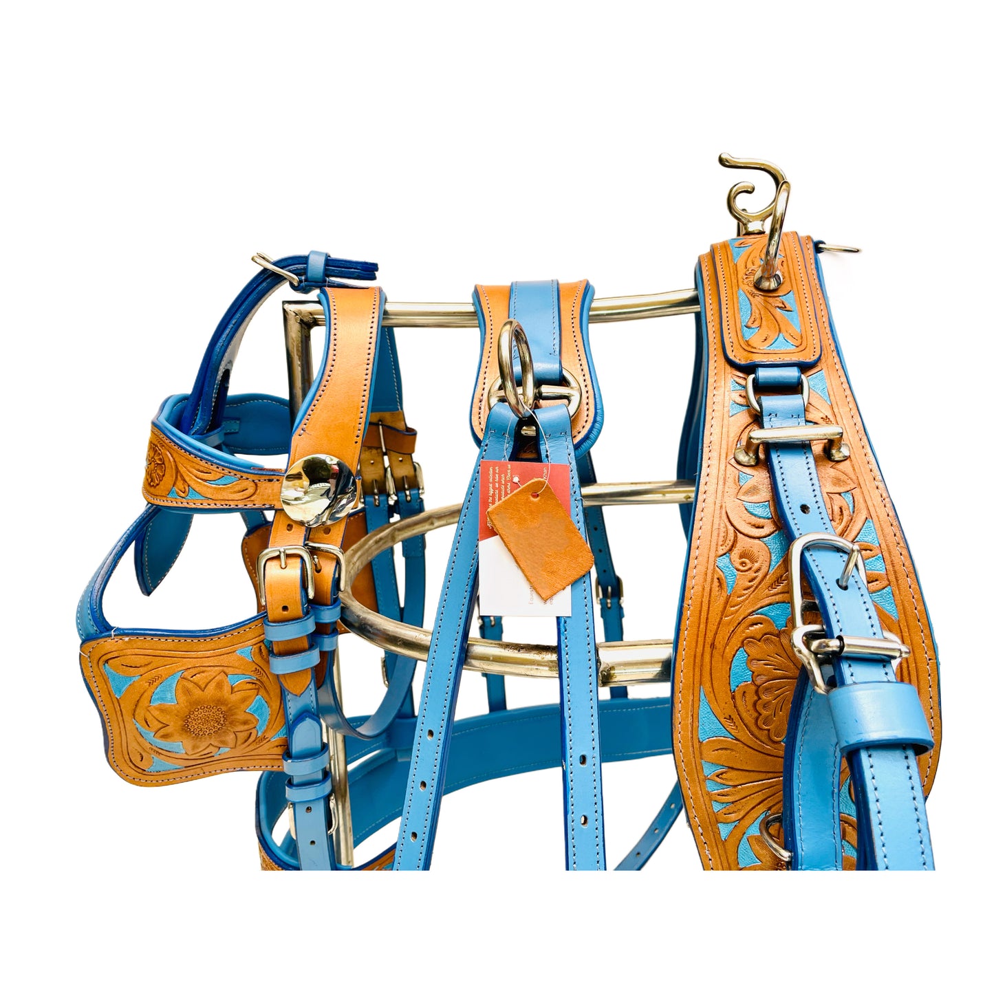 Turquoise Blue & Natural Leather Horse Driving Harness Set Complete with Hand-Tooled Design