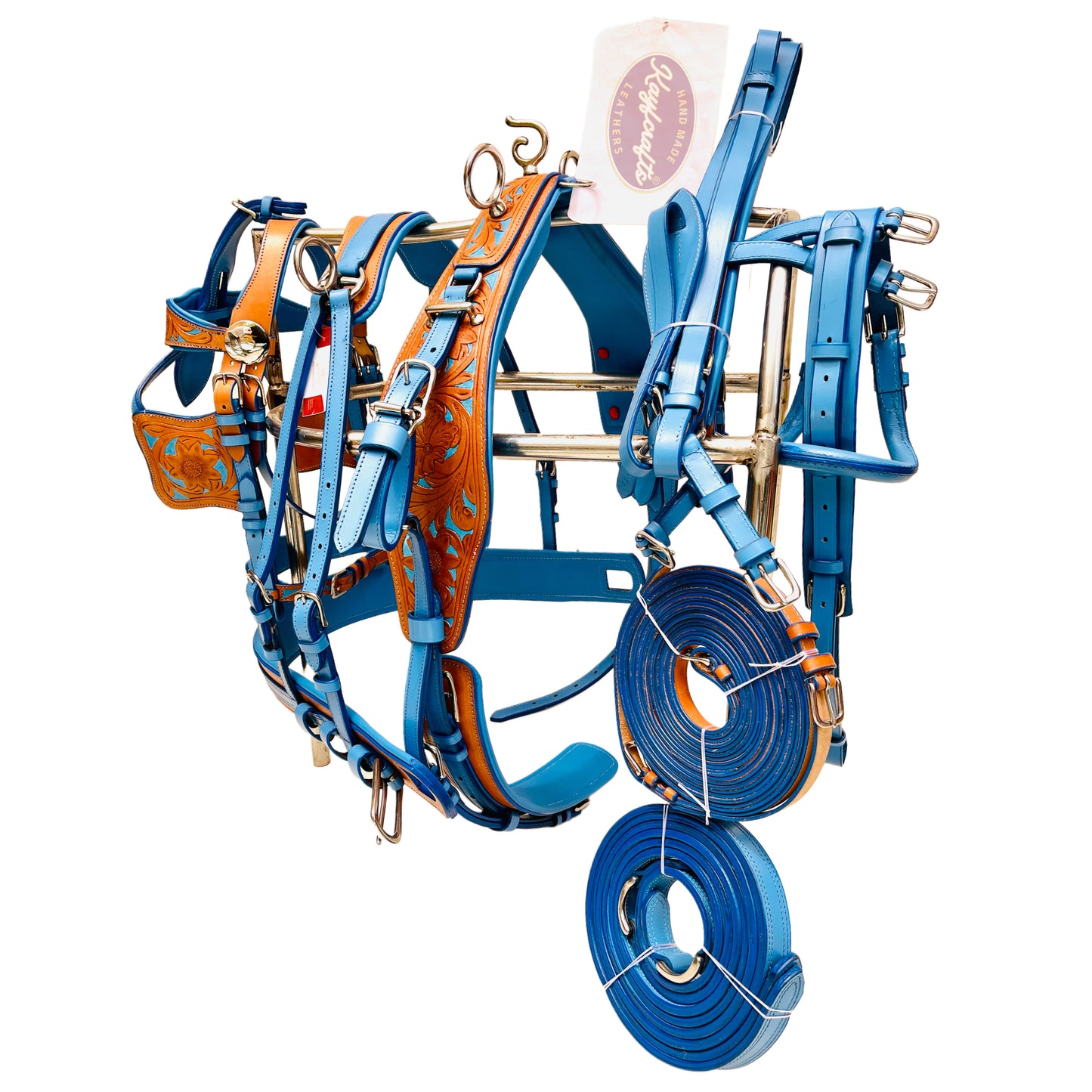 Turquoise Blue & Natural Leather Horse Driving Harness Set Complete with Hand-Tooled Design