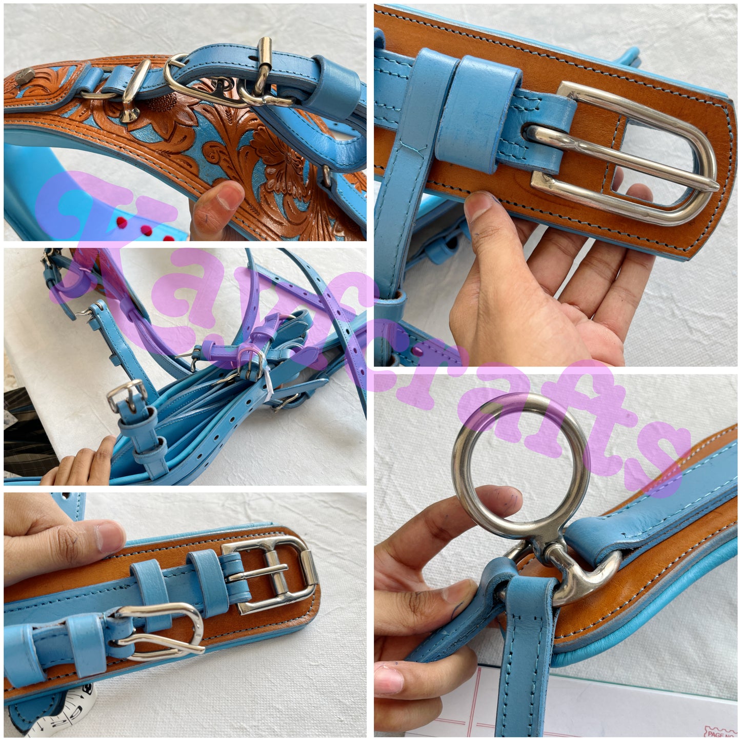 Turquoise Blue & Natural Leather Horse Driving Harness Set Complete with Hand-Tooled Design