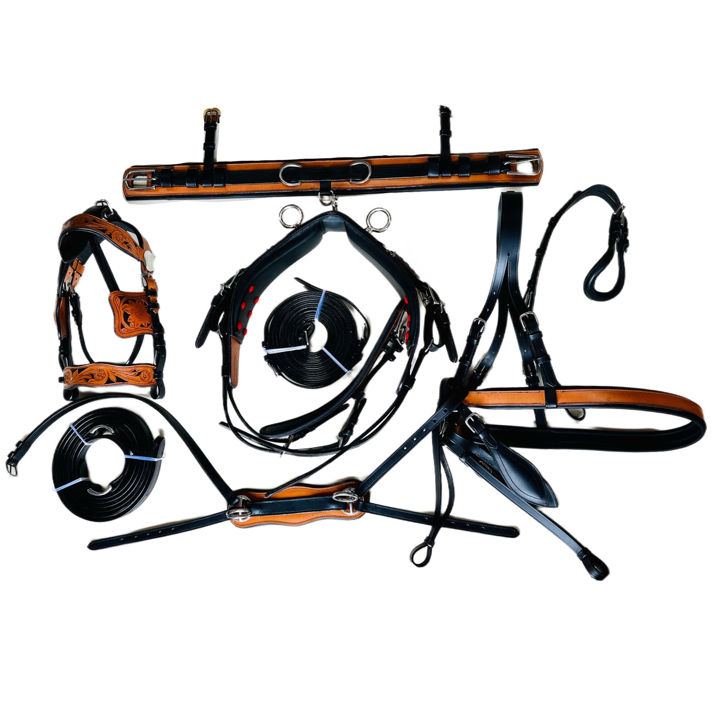Premium Black & Natural Leather Horse Driving Harness Set - Hand-Tooled with Stainless Steel Hardware