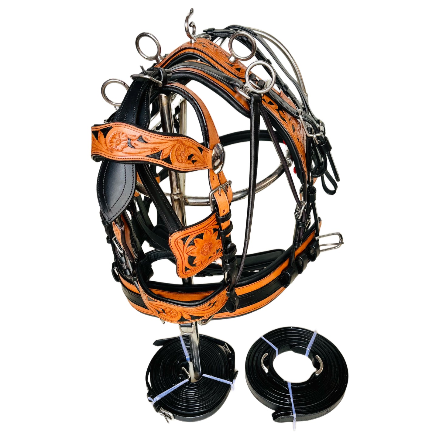 Premium Black & Natural Leather Horse Driving Harness Set - Hand-Tooled with Stainless Steel Hardware