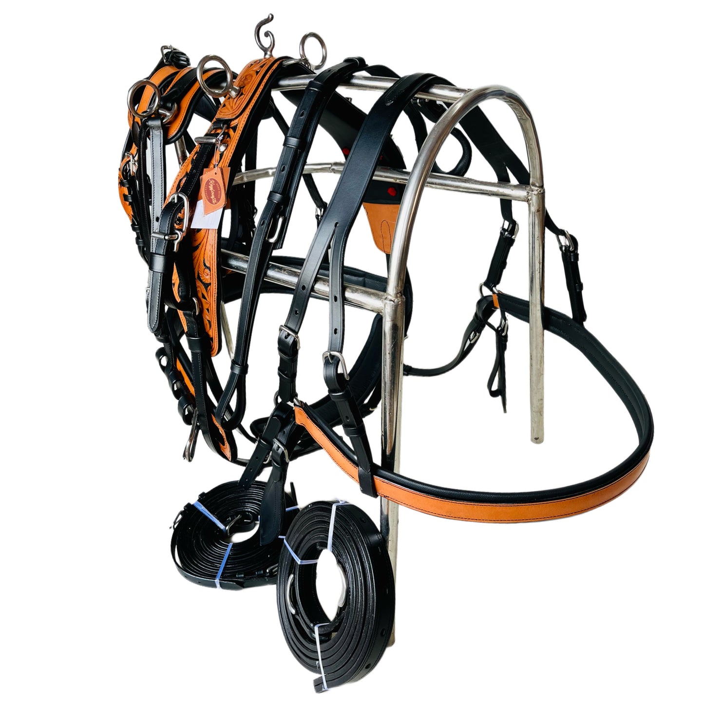 Premium Black & Natural Leather Horse Driving Harness Set - Hand-Tooled with Stainless Steel Hardware