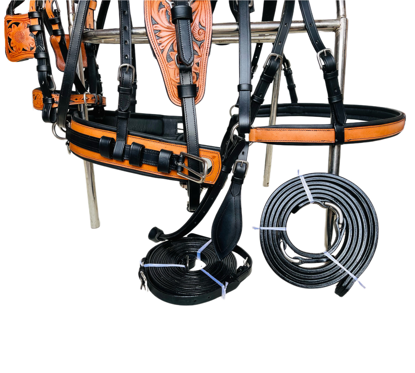 Premium Black & Natural Leather Horse Driving Harness Set - Hand-Tooled with Stainless Steel Hardware