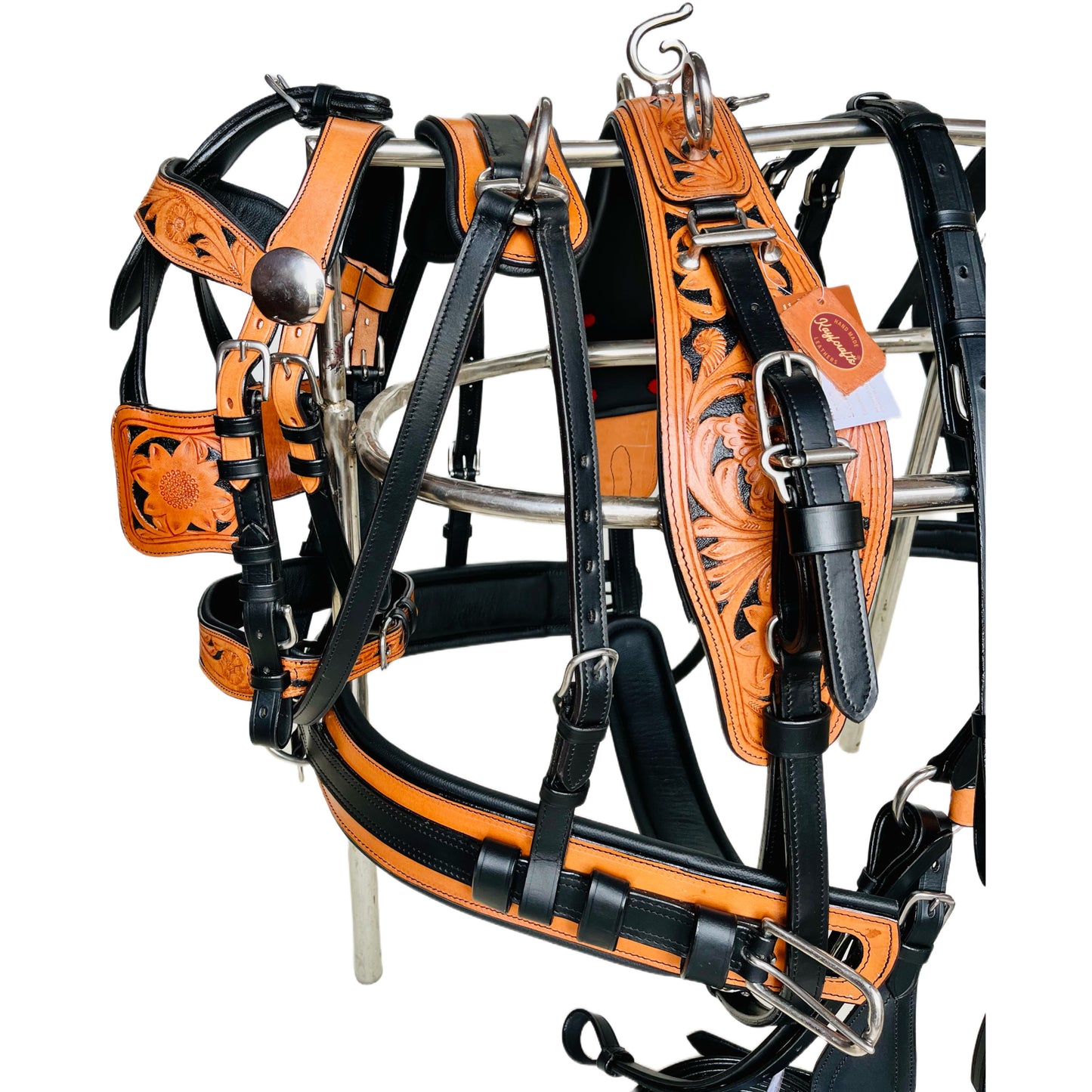 Premium Black & Natural Leather Horse Driving Harness Set - Hand-Tooled with Stainless Steel Hardware