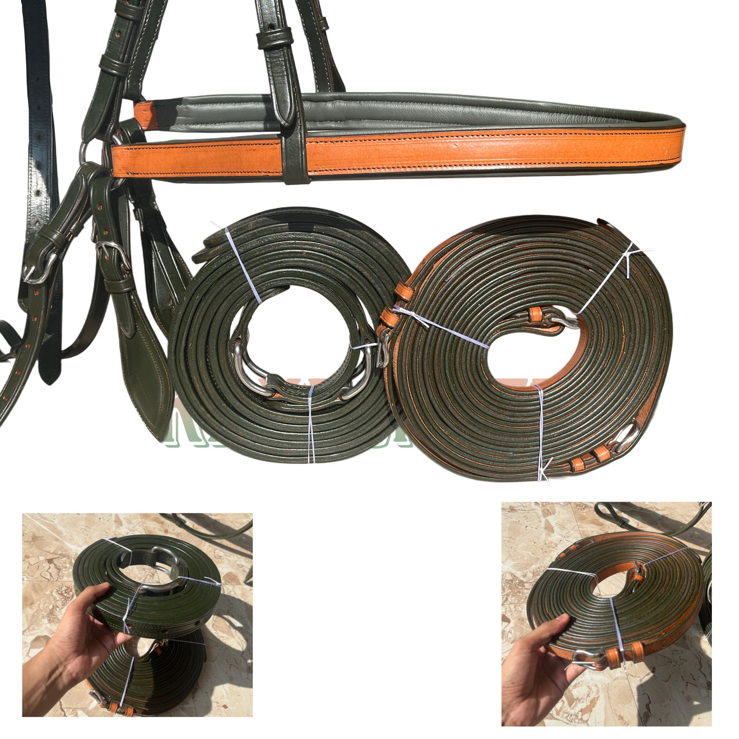 Premium Dual Tone Leather Horse Driving Harness Set Olive Green & Natural with Hand Tooled Design