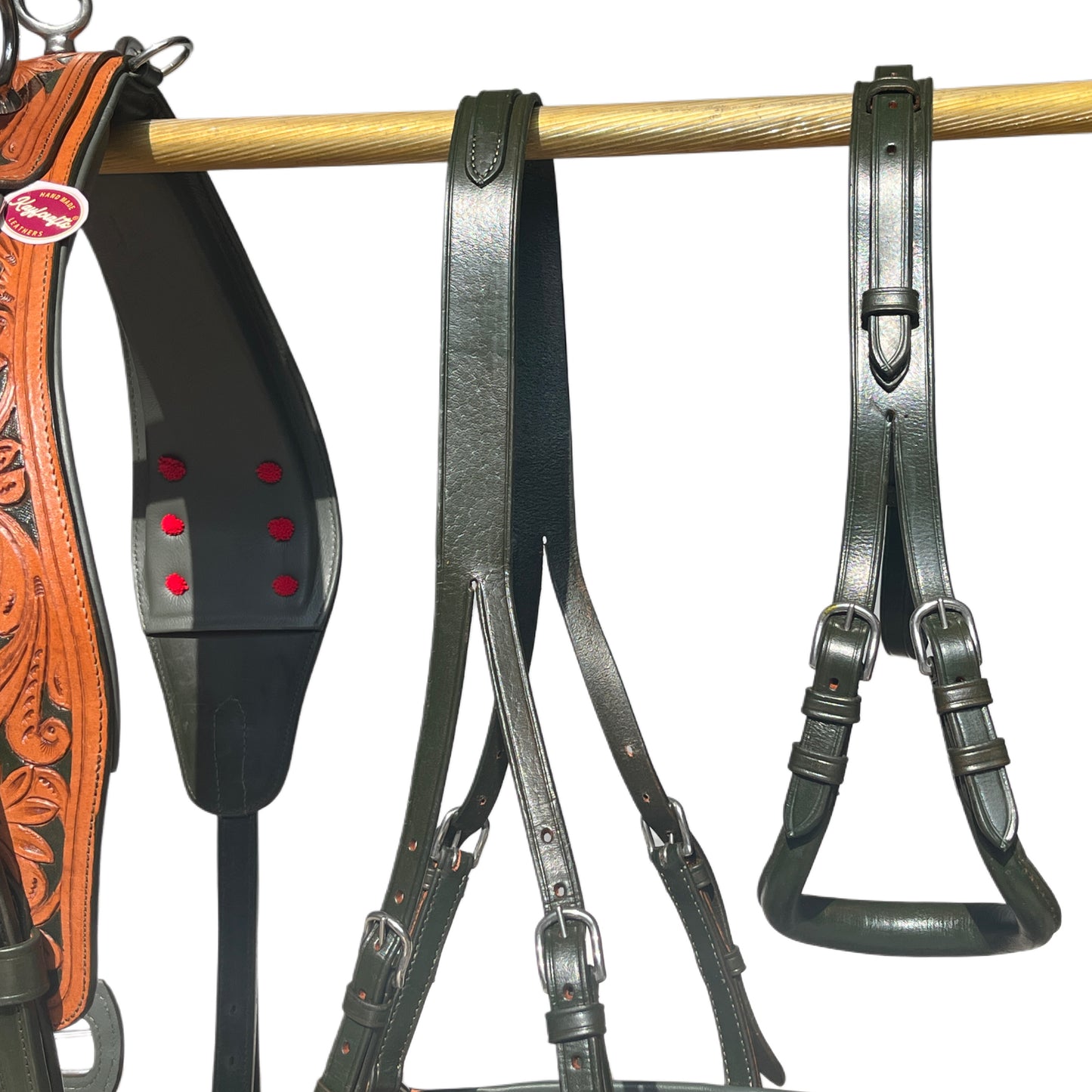 Premium Dual Tone Leather Horse Driving Harness Set Olive Green & Natural with Hand Tooled Design