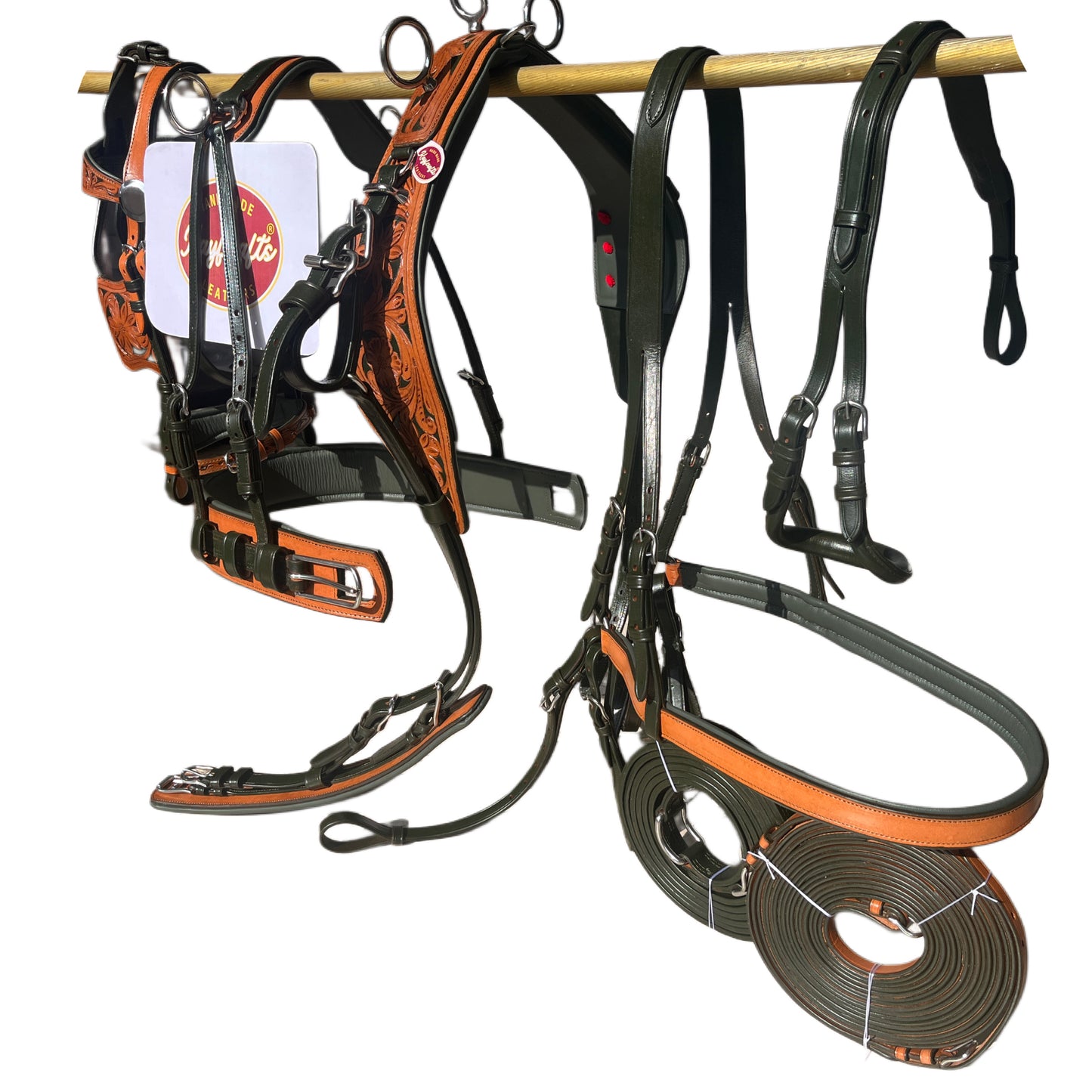 Premium Dual Tone Leather Horse Driving Harness Set Olive Green & Natural with Hand Tooled Design