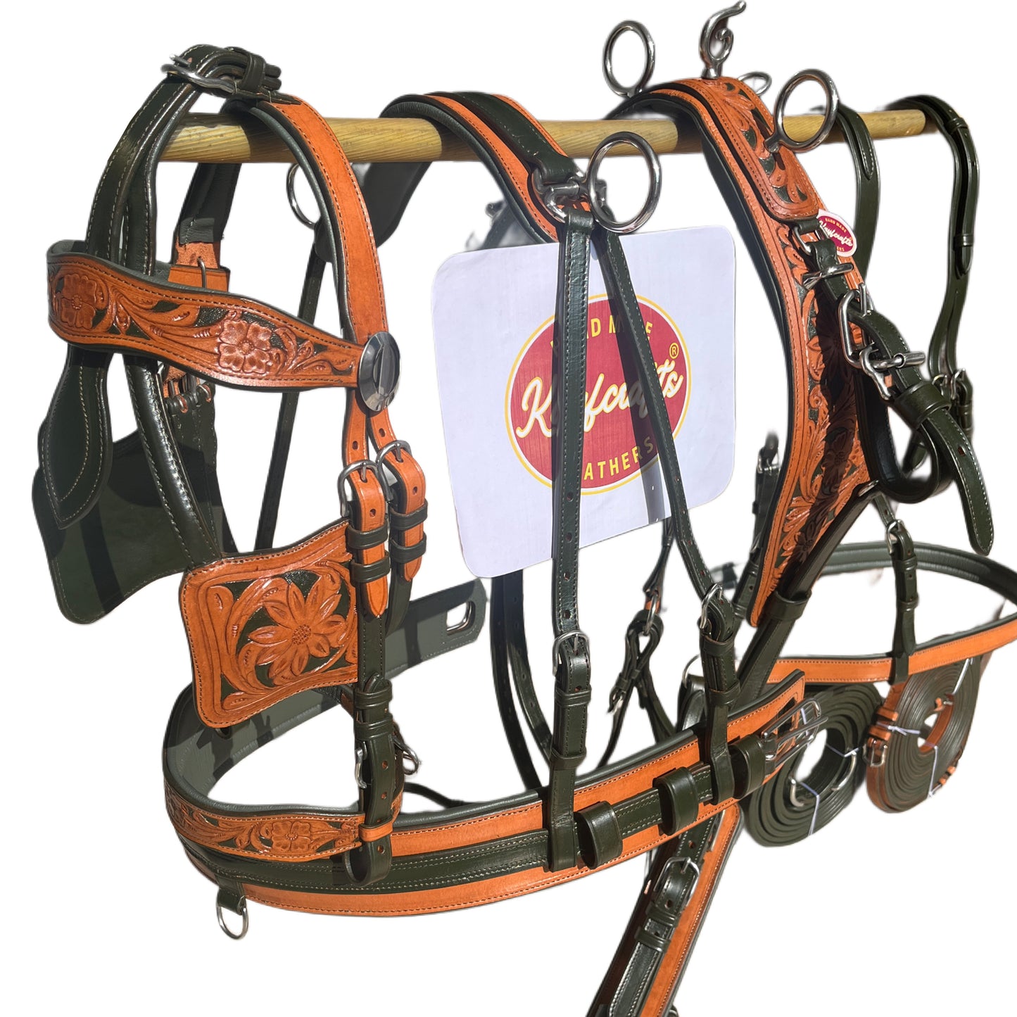 Premium Dual Tone Leather Horse Driving Harness Set Olive Green & Natural with Hand Tooled Design