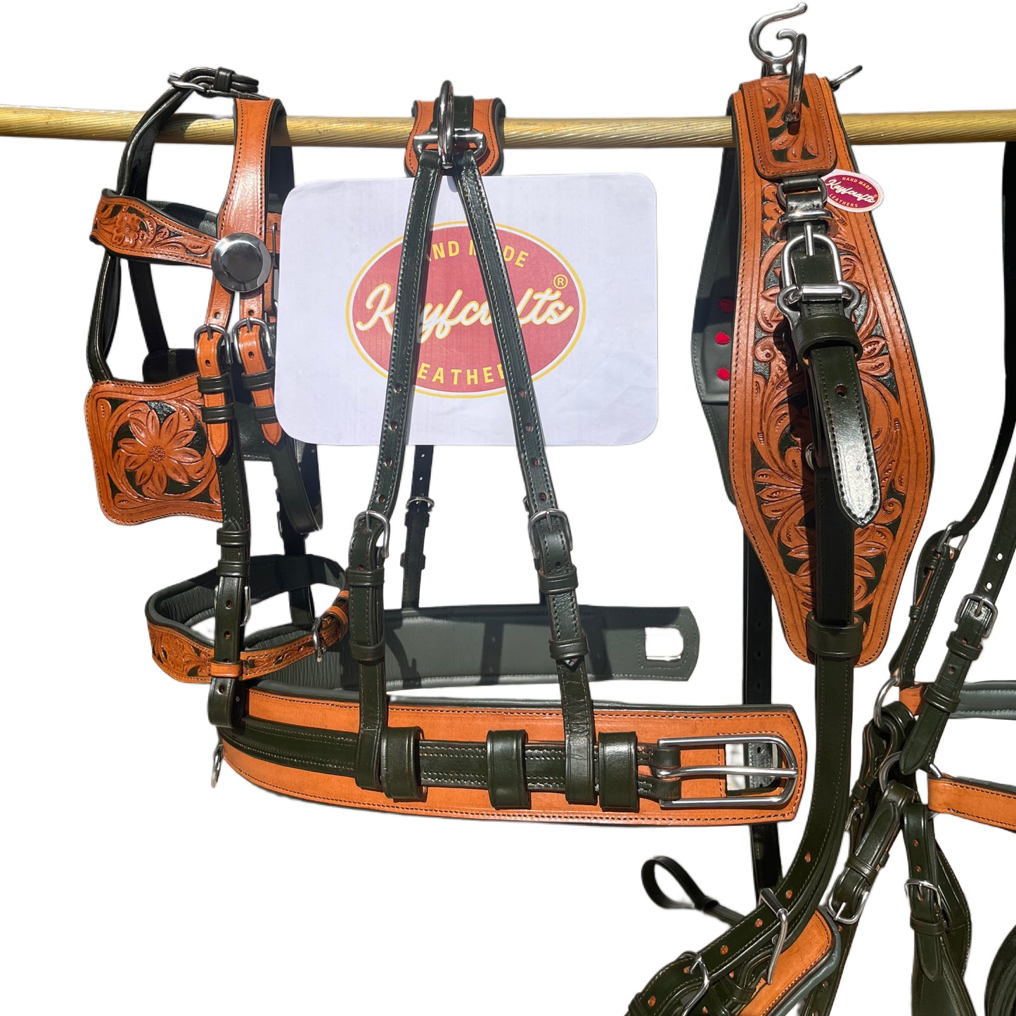 Premium Dual Tone Leather Horse Driving Harness Set Olive Green & Natural with Hand Tooled Design