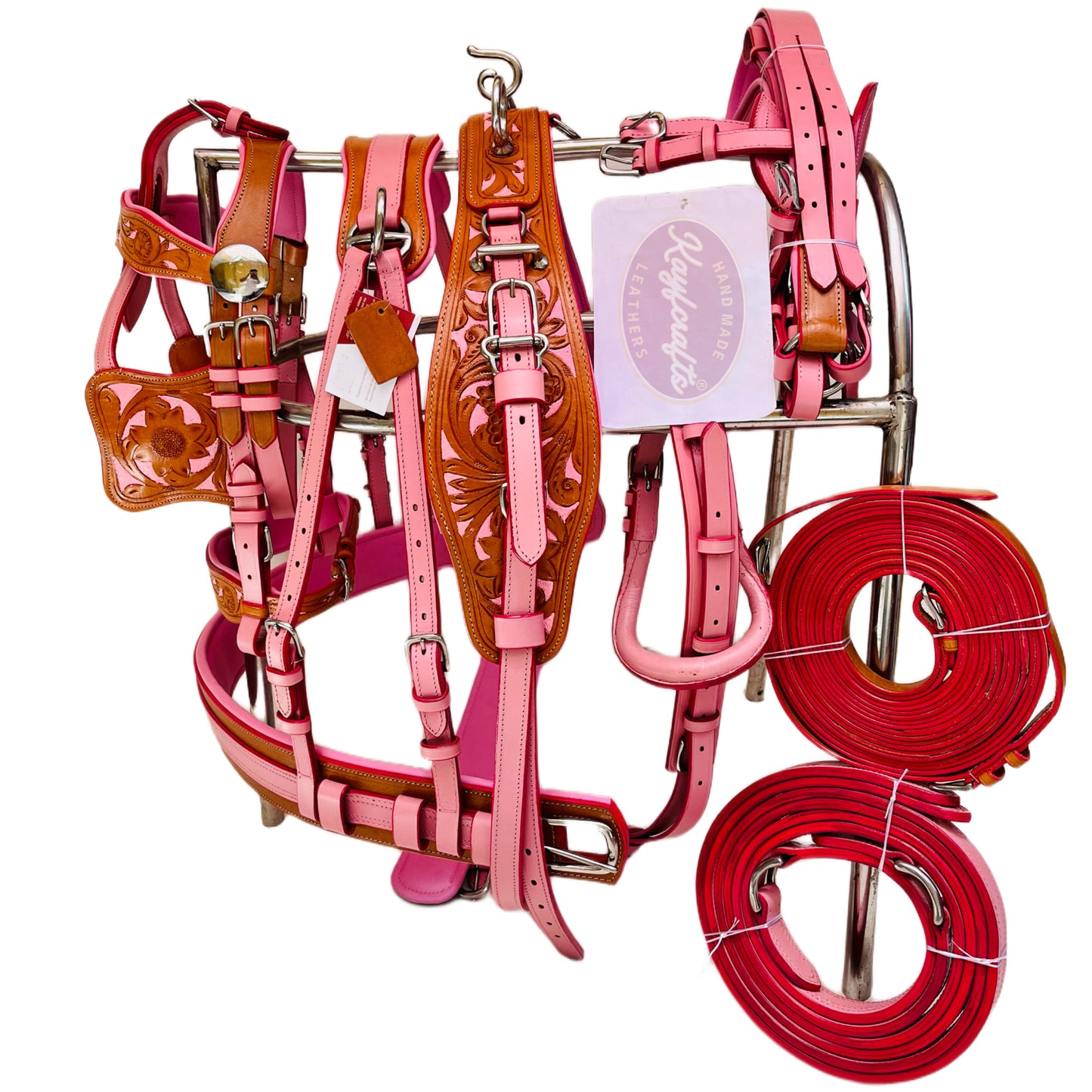 Elegant Pink & Natural Leather Horse Driving Harness Set