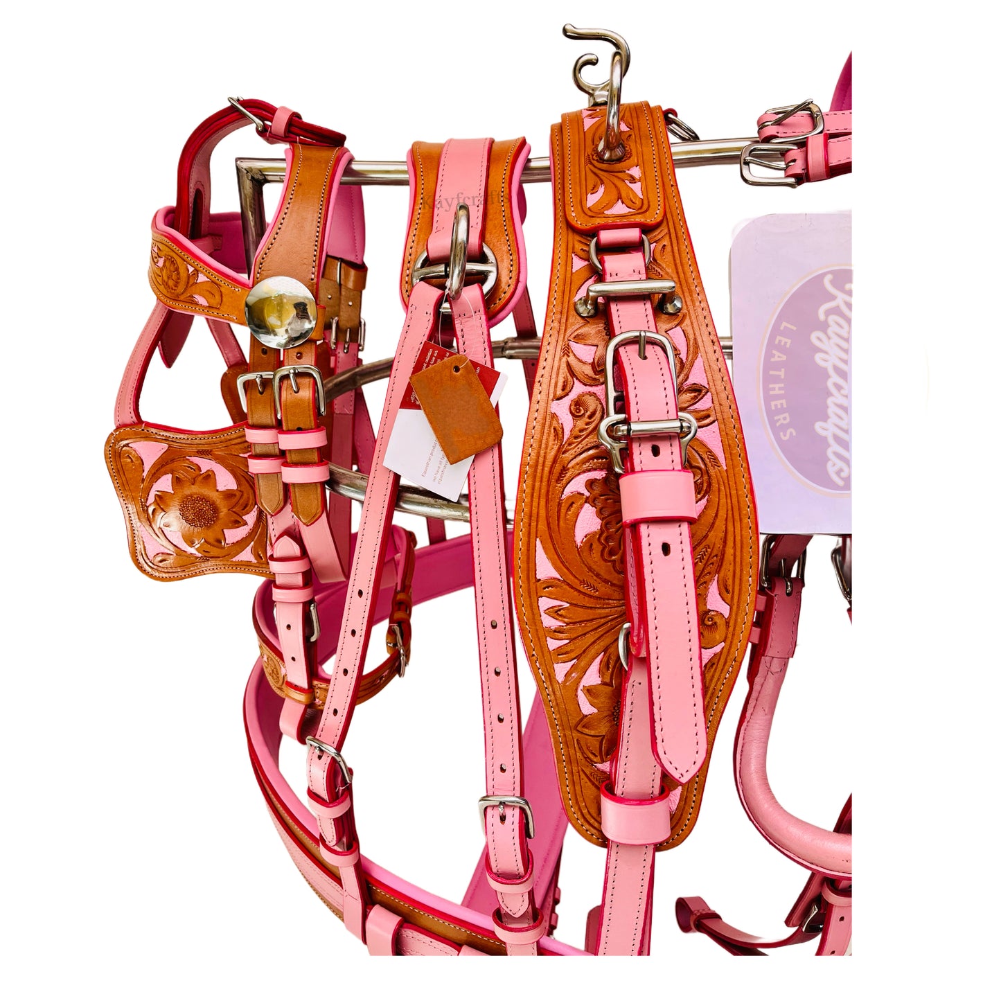 Elegant Pink & Natural Leather Horse Driving Harness Set