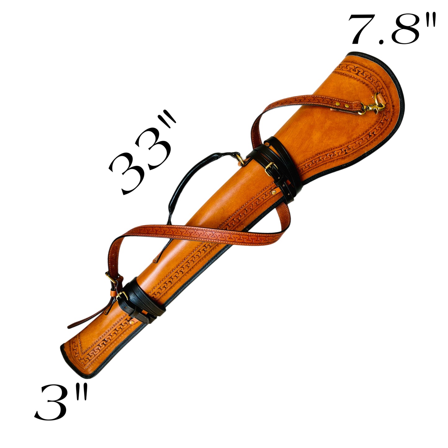 Full Grain Leather Rifle Scabbard with Fur Lining & Tooled Design Adjustable Shoulder Strap & Saddle Mounting Straps Antique Components Rounded Leather handle 33" Long Rifle cover carrying case