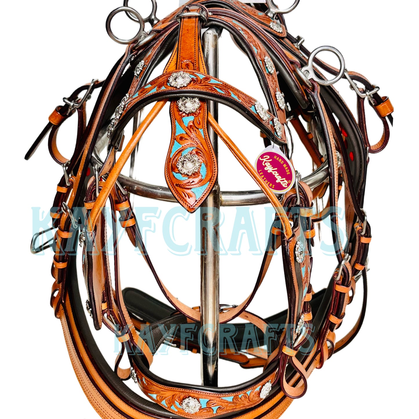 Western Leather Horse Driving Harness Turquoise Floral Accents