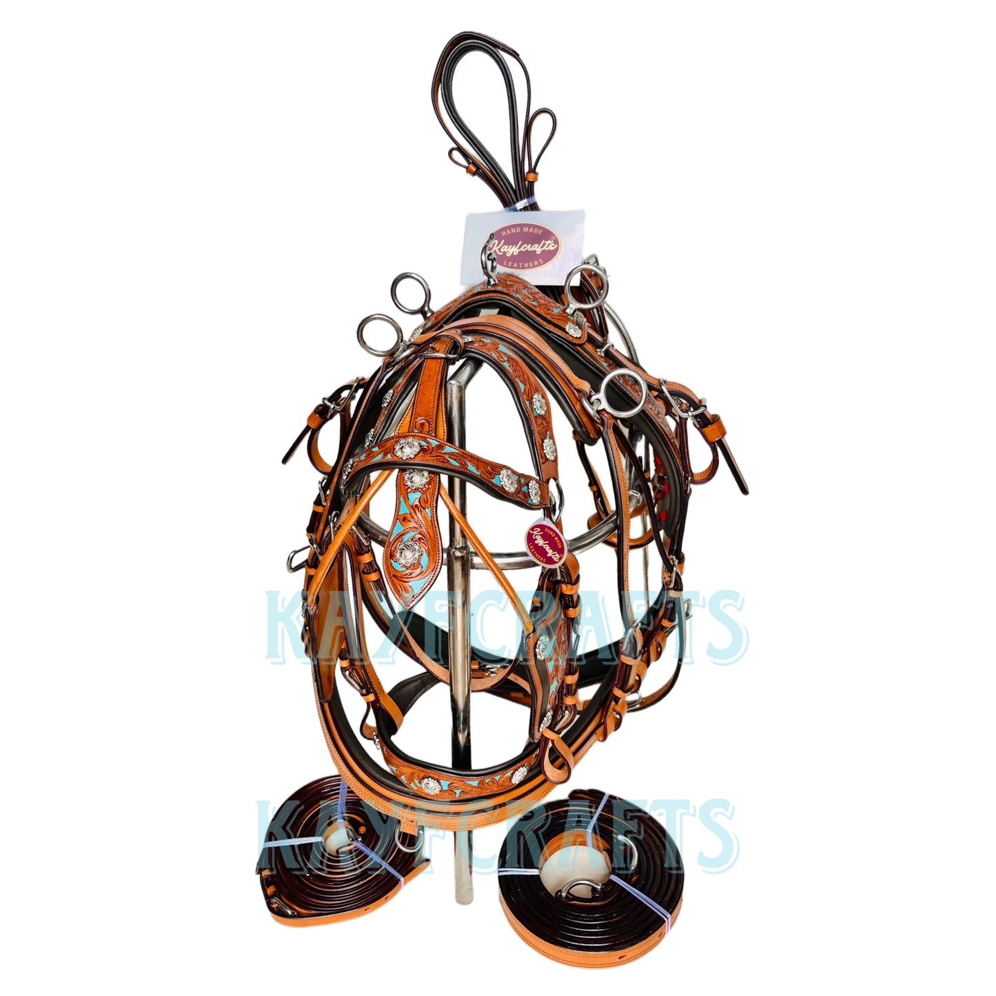 Western Leather Horse Driving Harness Turquoise Floral Accents