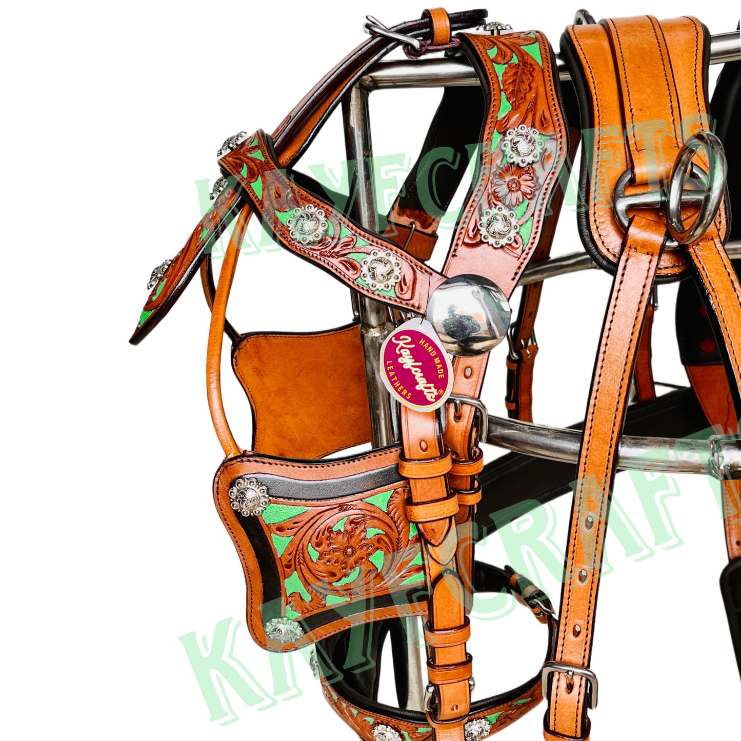 Western Leather Horse Driving Harness in Lime Green - Silver Conchos & Hand-Tooled Design