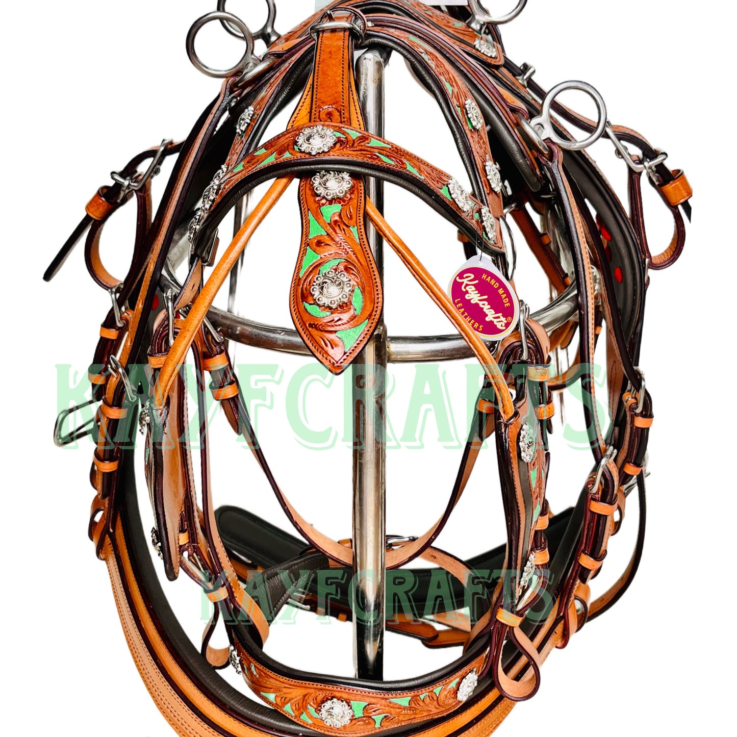 Western Leather Horse Driving Harness in Lime Green - Silver Conchos & Hand-Tooled Design
