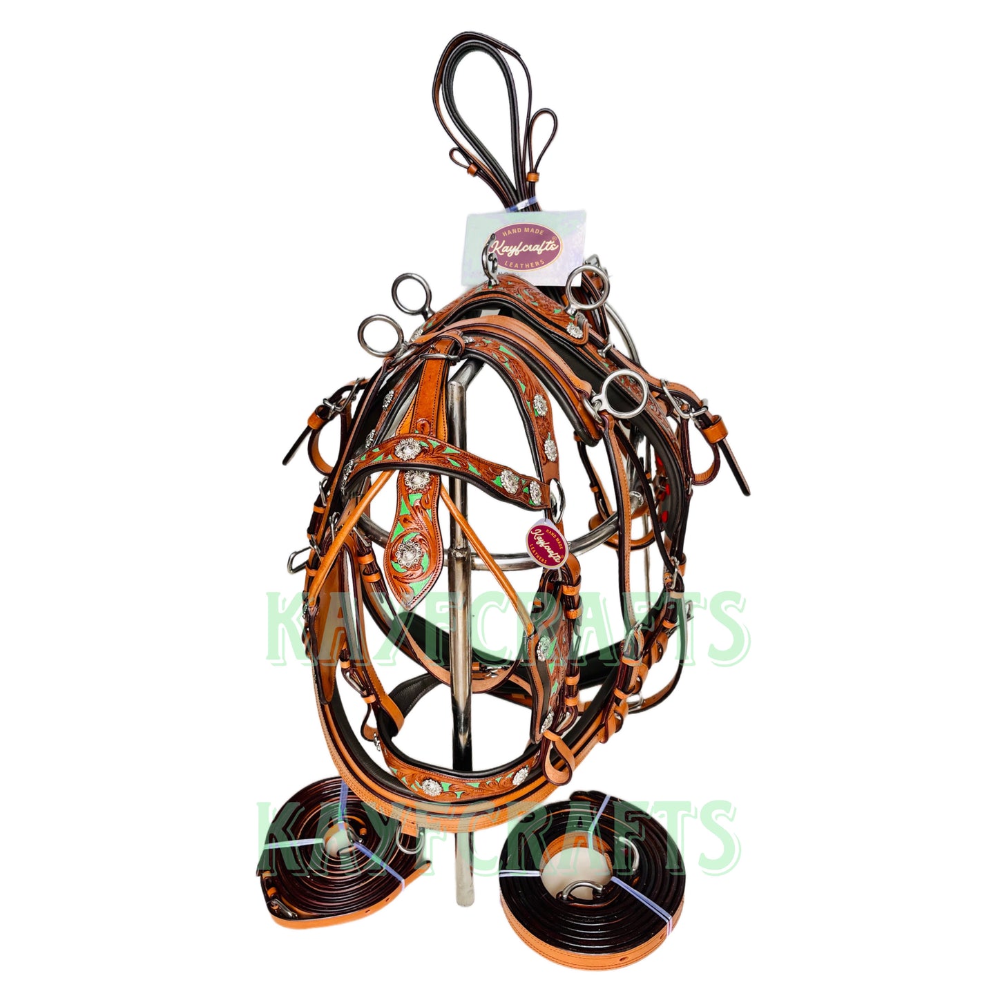 Western Leather Horse Driving Harness in Lime Green - Silver Conchos & Hand-Tooled Design