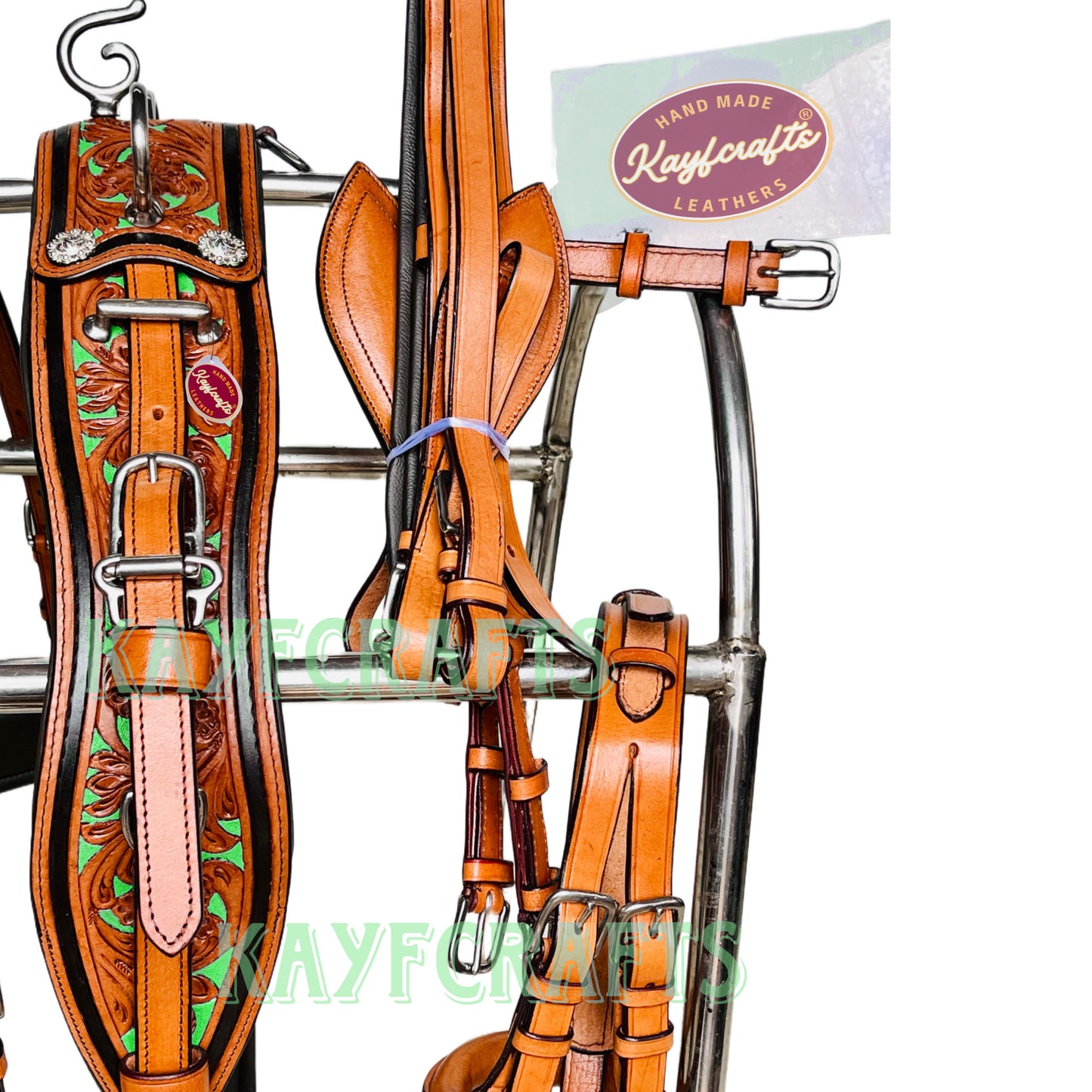 Western Leather Horse Driving Harness in Lime Green - Silver Conchos & Hand-Tooled Design