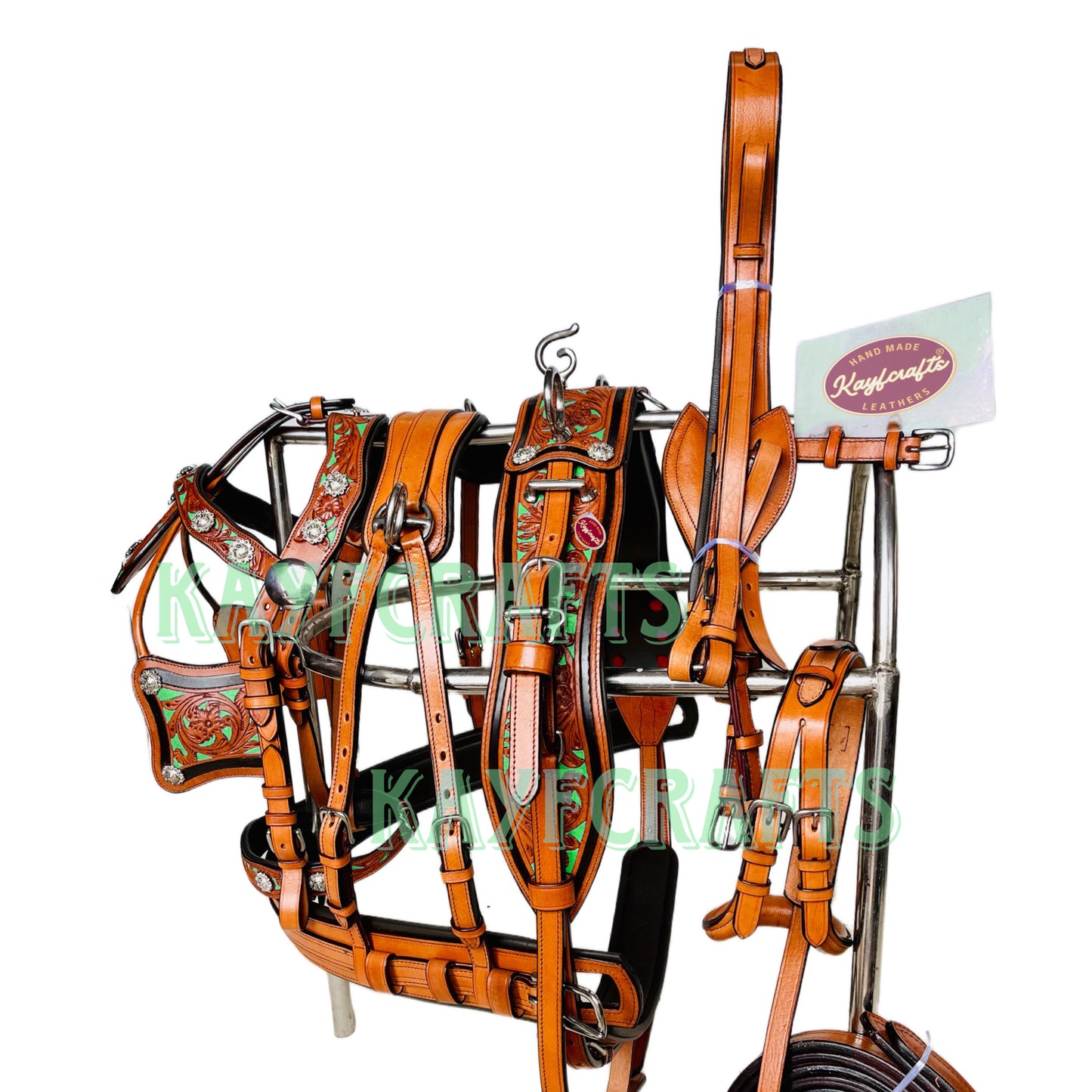 Western Leather Horse Driving Harness in Lime Green - Silver Conchos & Hand-Tooled Design