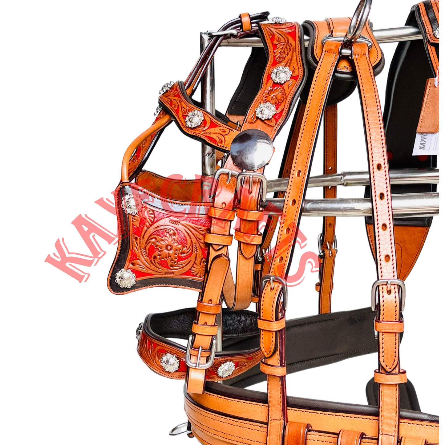 Western Style Leather Horse Driving Harness Set Red Base Silver Conchos