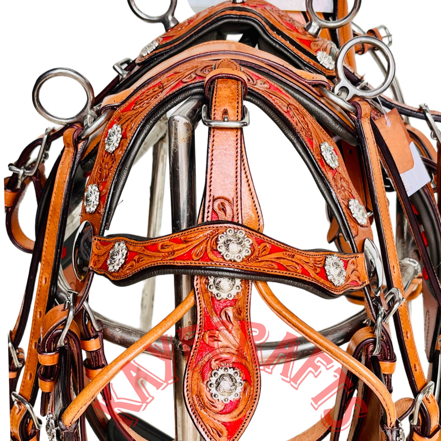 Western Style Leather Horse Driving Harness Set Red Base Silver Conchos