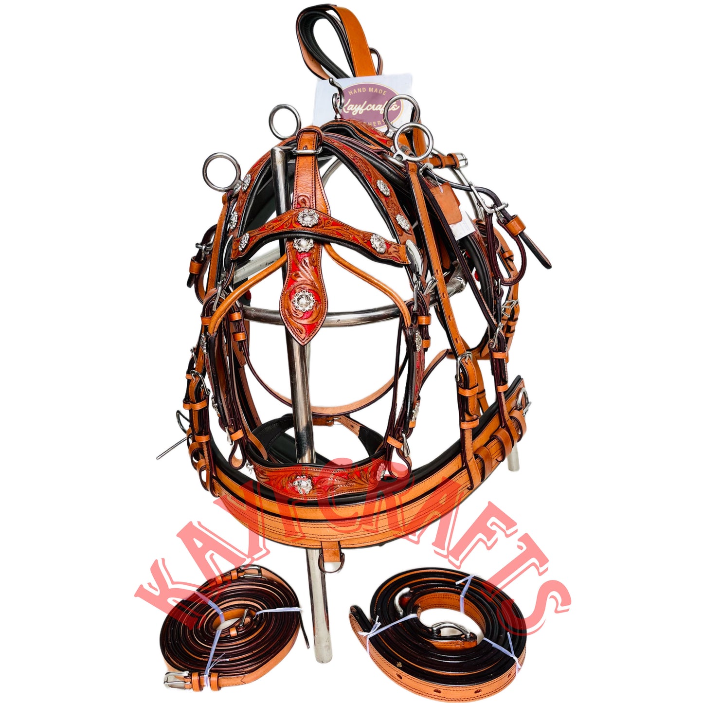 Western Style Leather Horse Driving Harness Set Red Base Silver Conchos