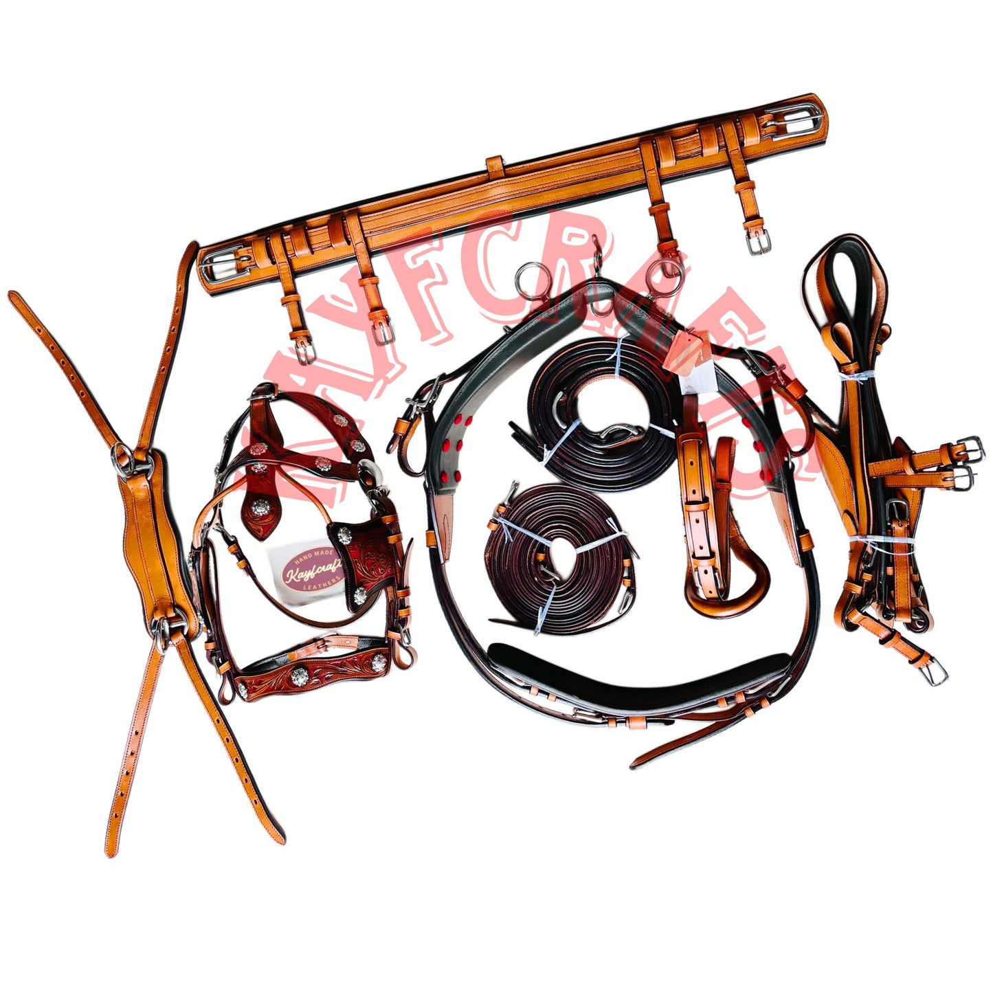 Western Style Leather Horse Driving Harness Set Red Base Silver Conchos