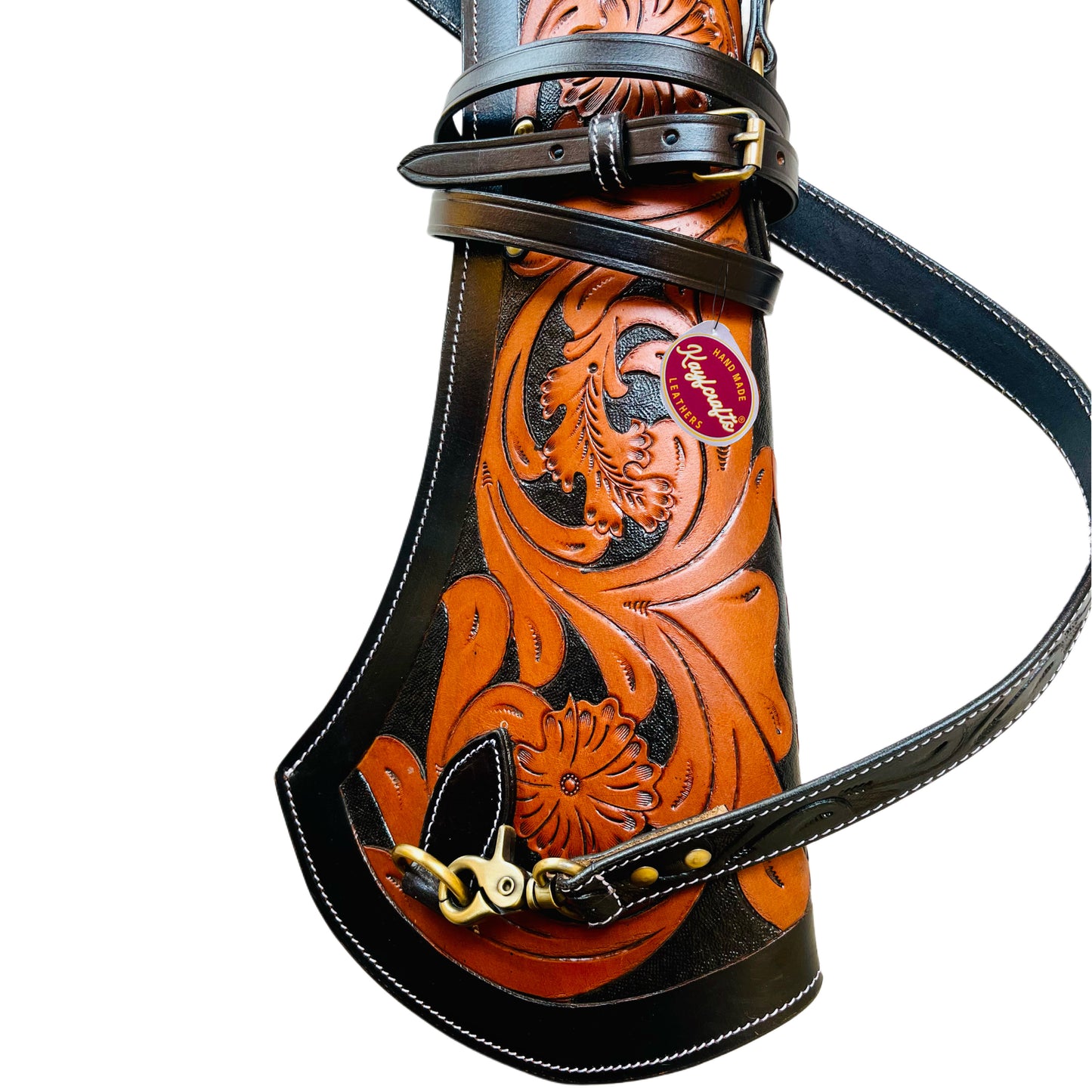 Dual Tone Black Tan Leather Rifle Scabbard 33" Western Gun Case with Hand Carved Floral Tooling & Suede Interior