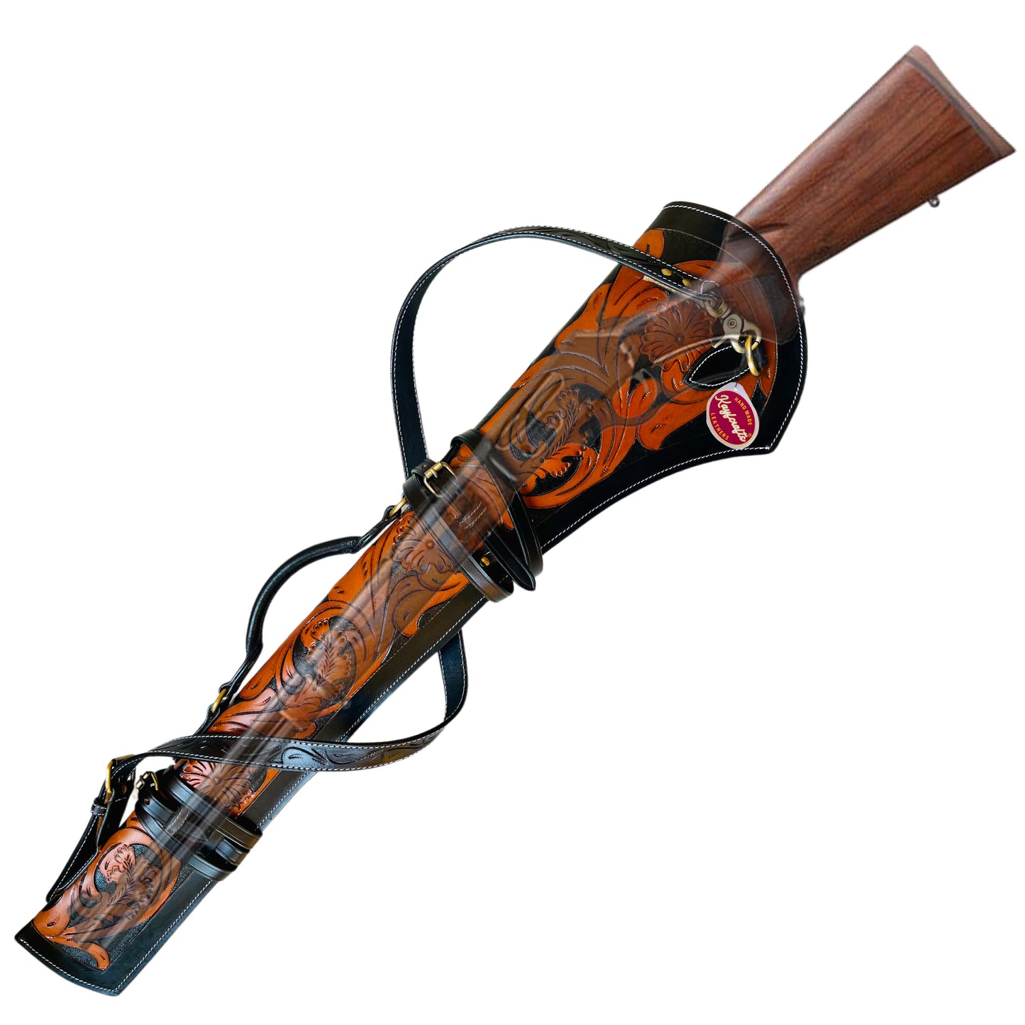 Dual Tone Black Tan Leather Rifle Scabbard 33" Western Gun Case with Hand Carved Floral Tooling & Suede Interior