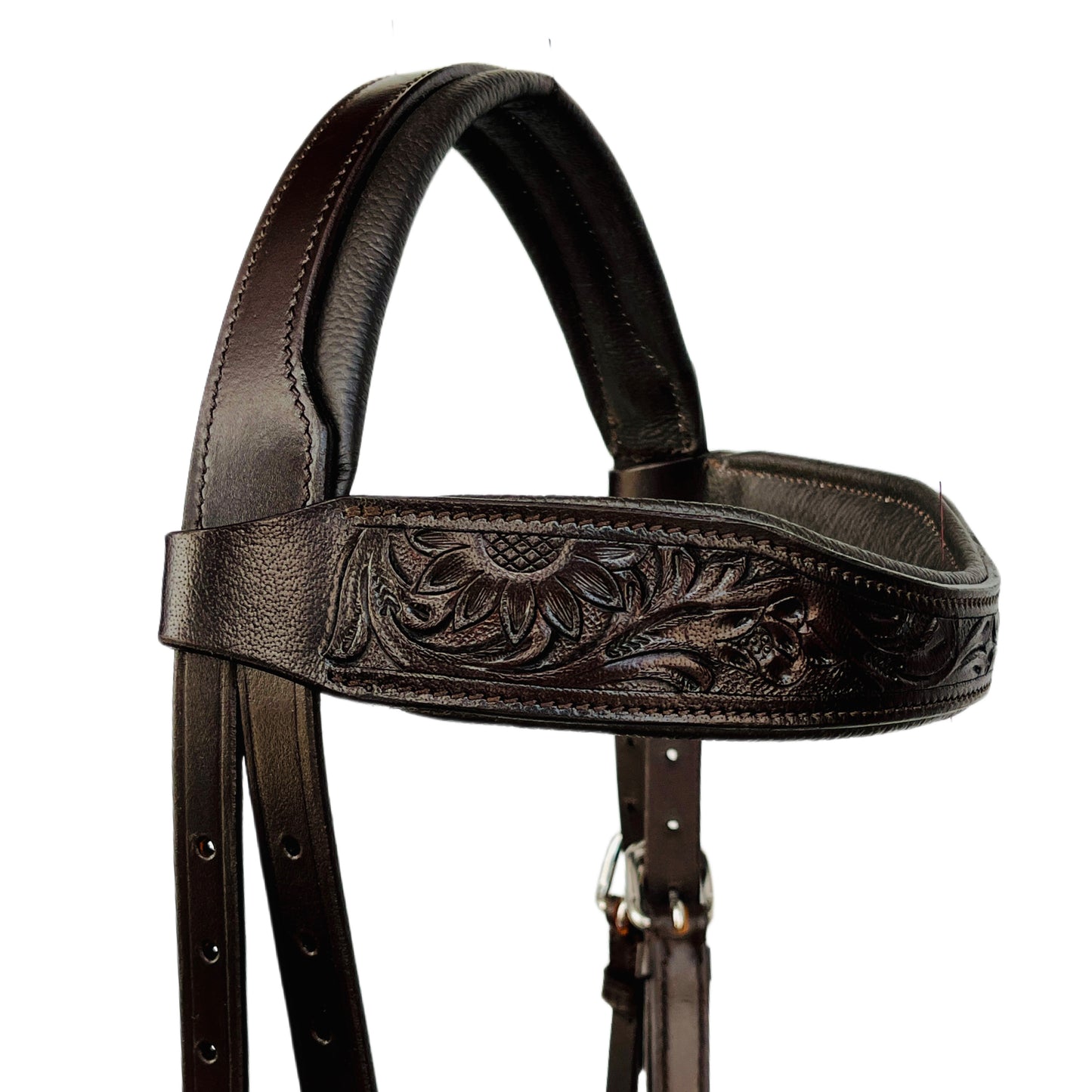 Hand Tooled Brown Leather Bitless Horse Bridle Side Pull with Carved Floral Design & Reins