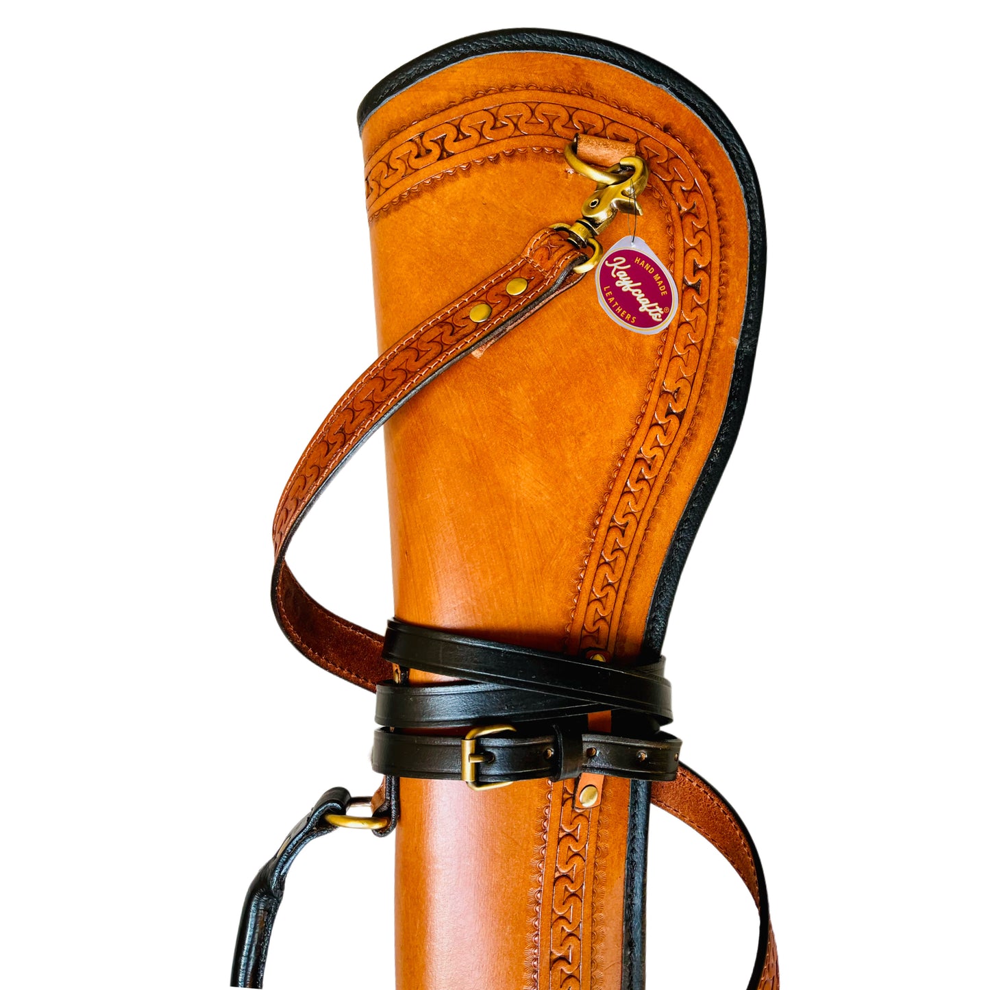 Full Grain Leather Rifle Scabbard with Fur Lining & Tooled Design Adjustable Shoulder Strap & Saddle Mounting Straps Antique Components Rounded Leather handle 33" Long Rifle cover carrying case