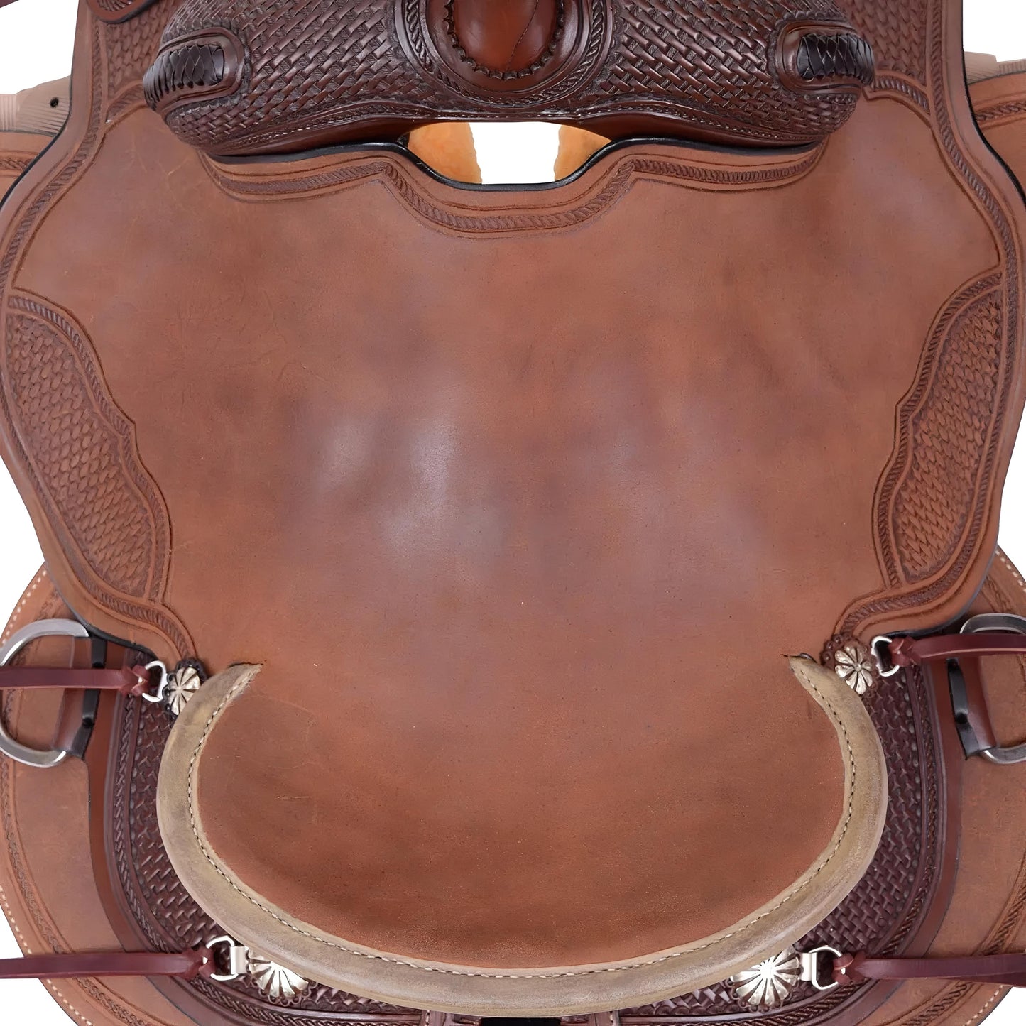 Western Trail Saddle Handcrafted with Roughout Leather Basketweave Tooling and Shock Absorbing Skirt