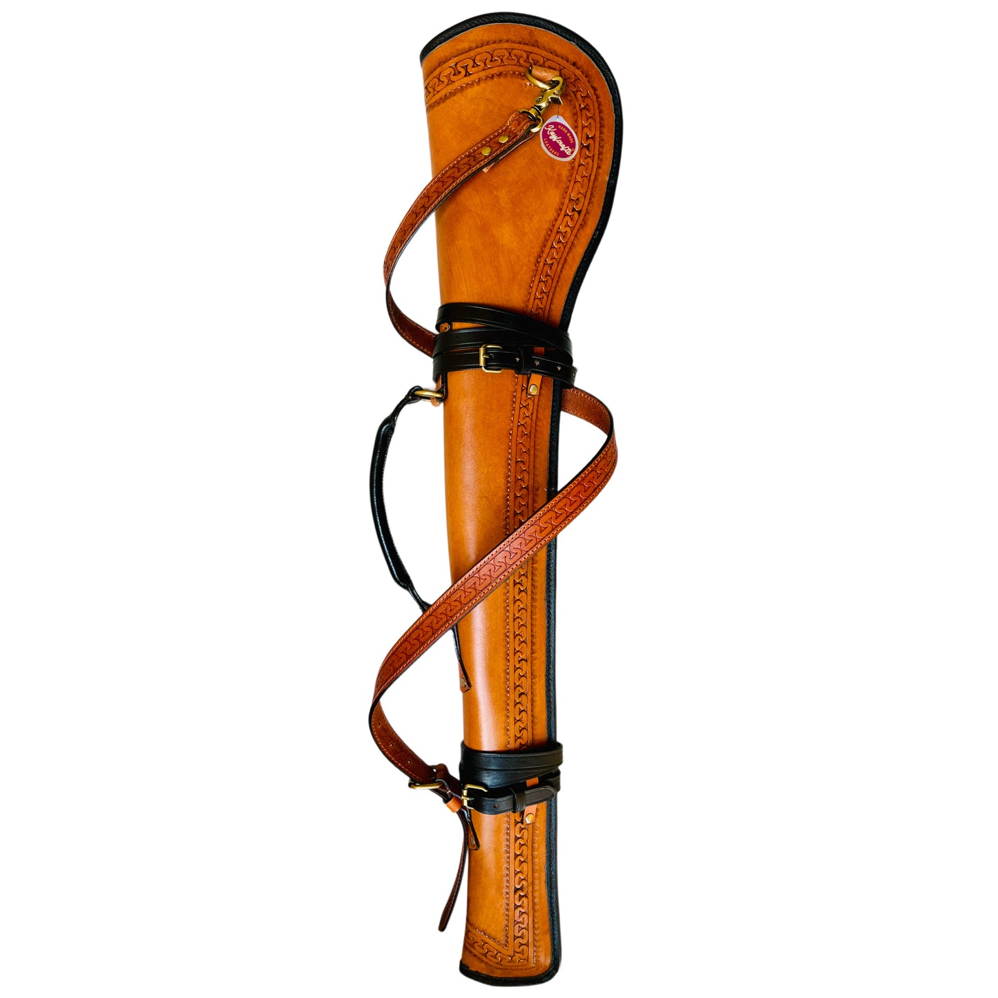 Full Grain Leather Rifle Scabbard with Fur Lining & Tooled Design Adjustable Shoulder Strap & Saddle Mounting Straps Antique Components Rounded Leather handle 33" Long Rifle cover carrying case