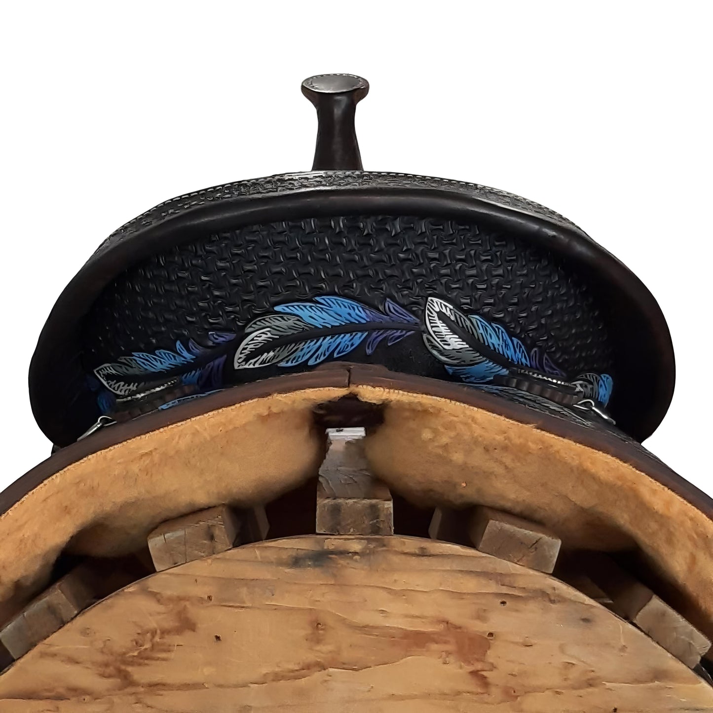 Western Style Handcrafted Barrel Saddle with Leather Feather Tooling Hard Seat Cheyenne Cantle and Tall Horn