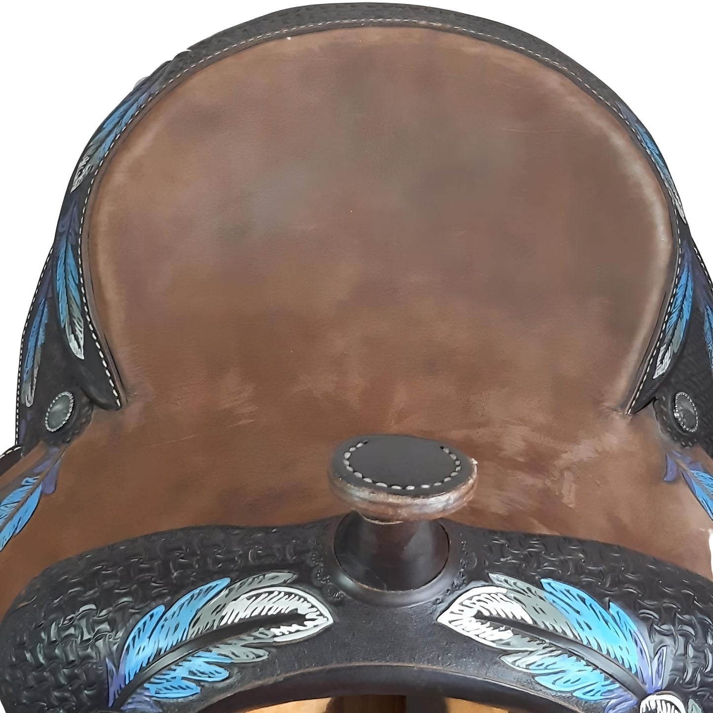 Western Style Handcrafted Barrel Saddle with Leather Feather Tooling Hard Seat Cheyenne Cantle and Tall Horn